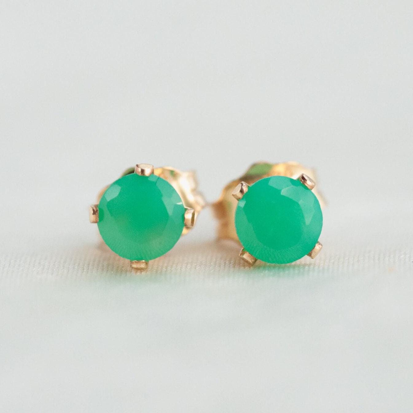 Chrysoprase stud earrings by Earthly Abundance featuring vibrant green gemstone studs on silver posts.