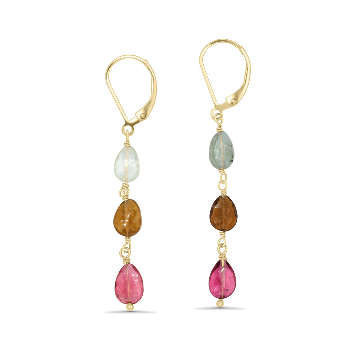 Delicate mixed tourmaline drop earrings by Earthly Abundance featuring colorful gemstones hanging from silver hooks