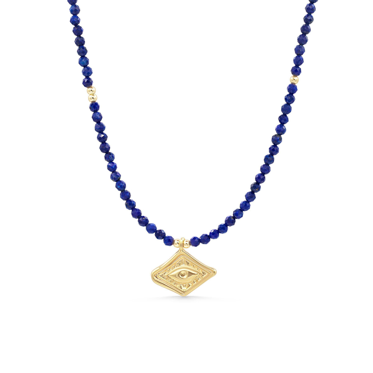 Lapis Lazuli Evil Eye Protection Necklace with blue and gold accents, featuring a prominent evil eye charm on a silver chain.