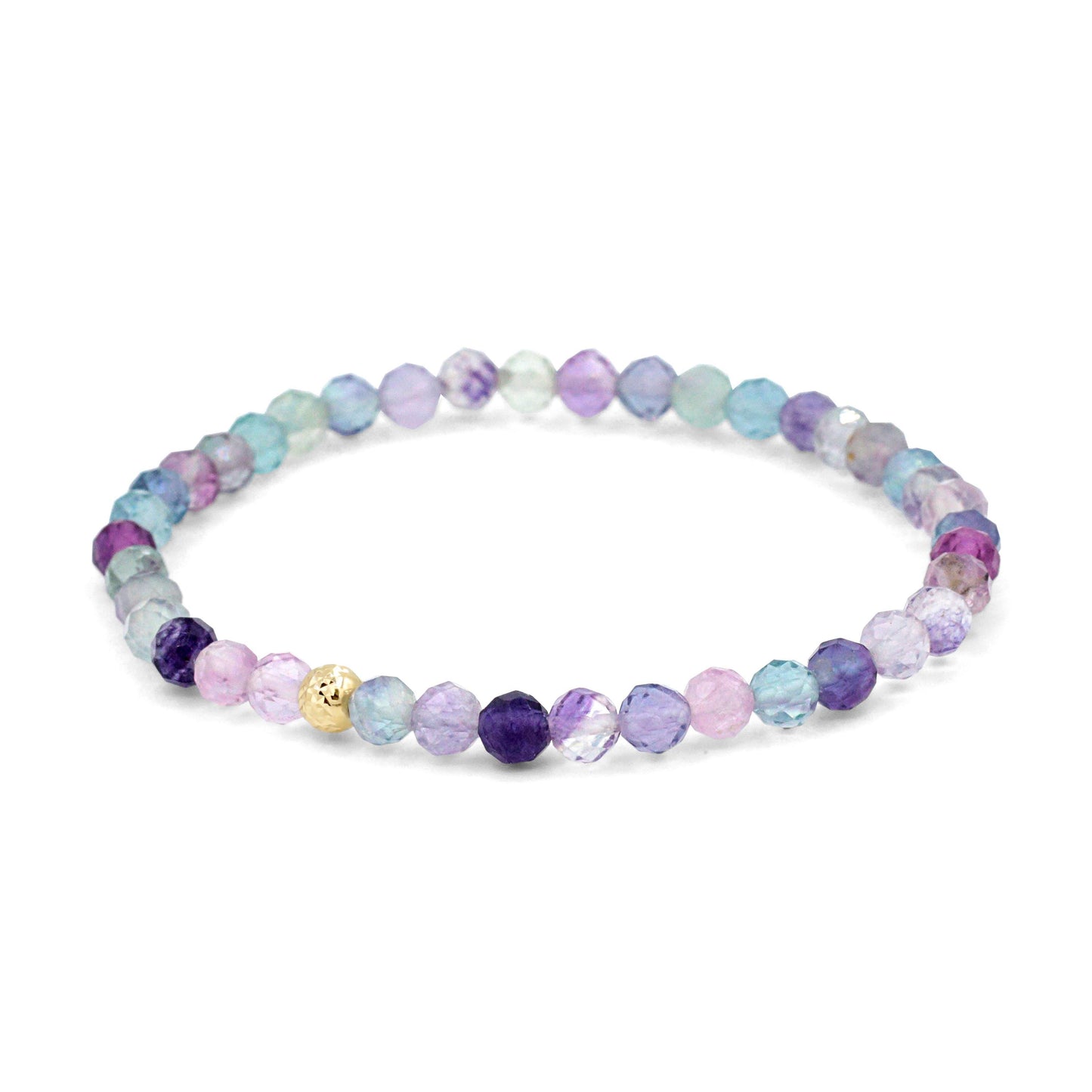 Rainbow Fluorite bracelet from Earthly Abundance featuring multicolored polished fluorite stones on an elastic band.