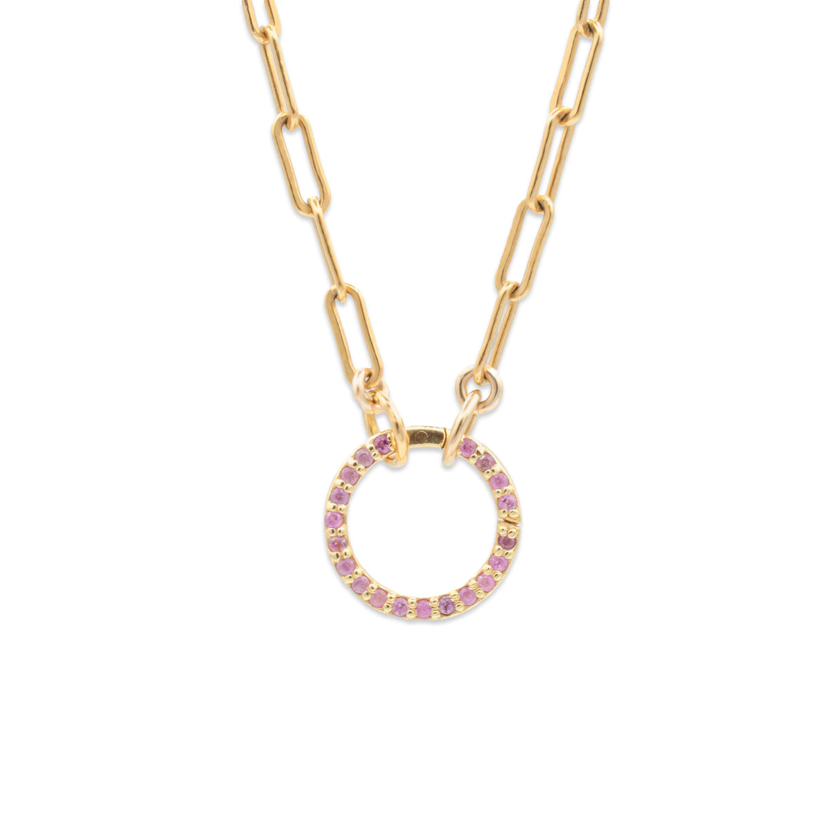 Pink sapphire, tourmaline, and topaz carabiner necklace featuring colorful gemstone accents on a silver chain.