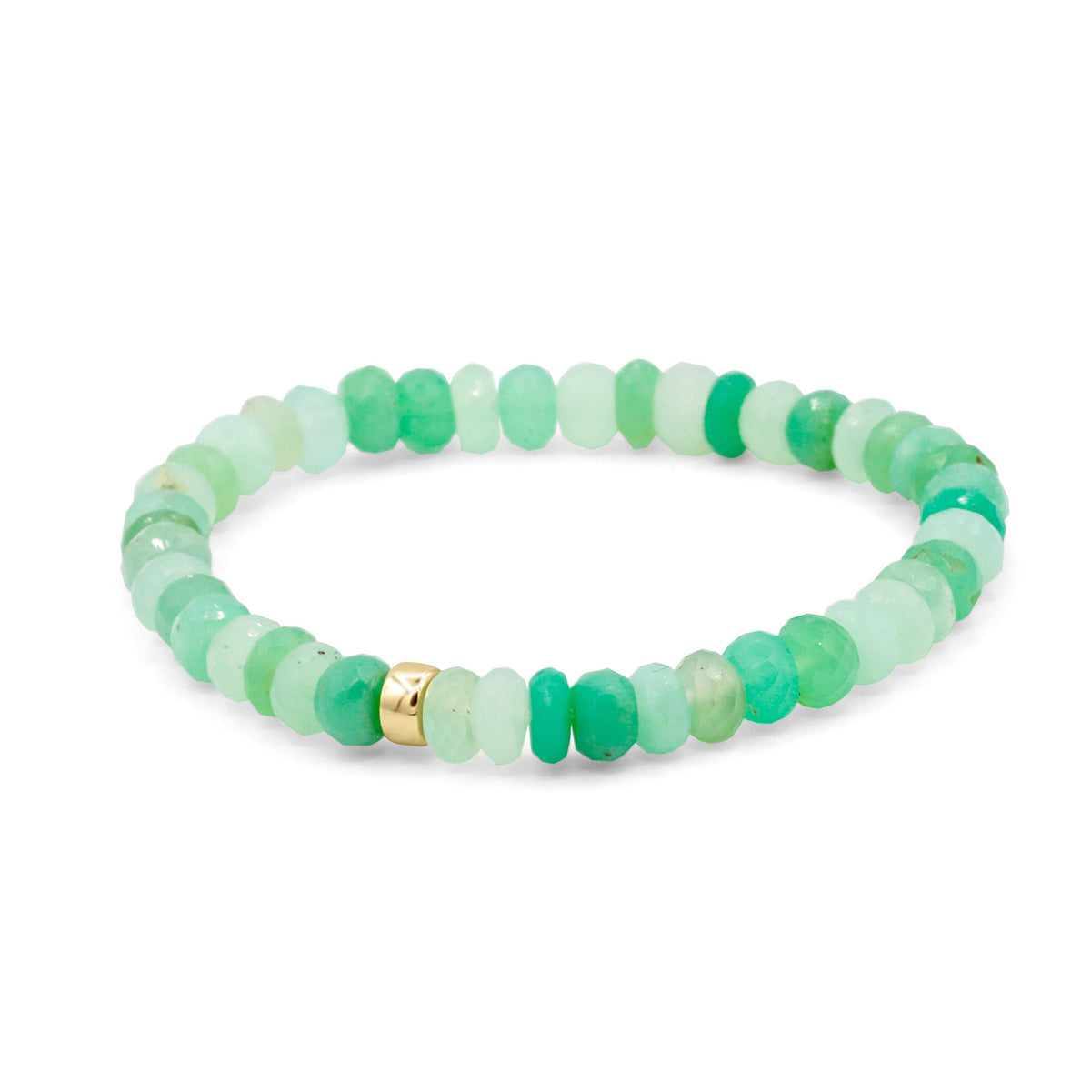 Earthly Abundance Verde Mare bracelet with smooth chrysoprase beads and silver accents, showcasing elegant, natural gemstone jewelry