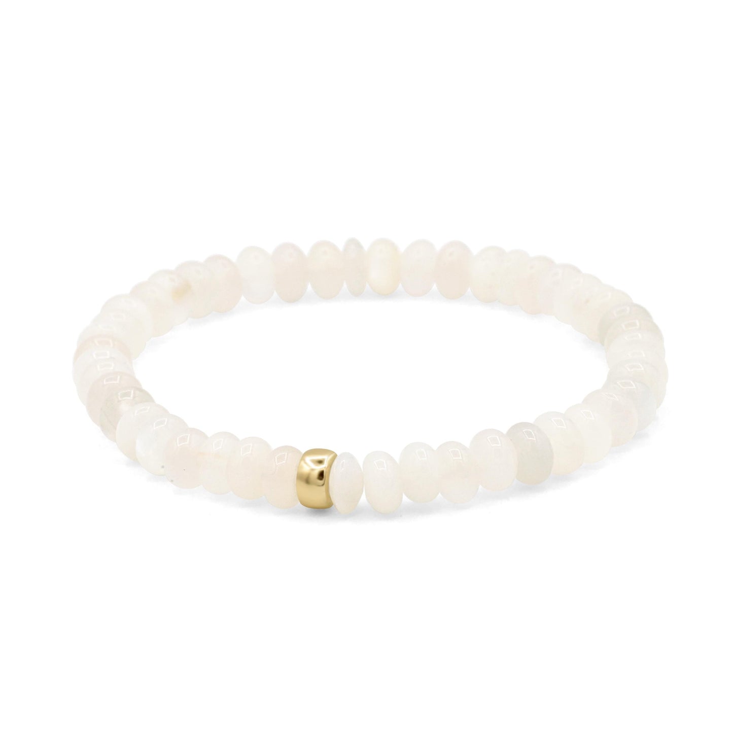 White creamy moonstone bracelet with smooth round beads, featuring a silver clasp, by Earthly Abundance.