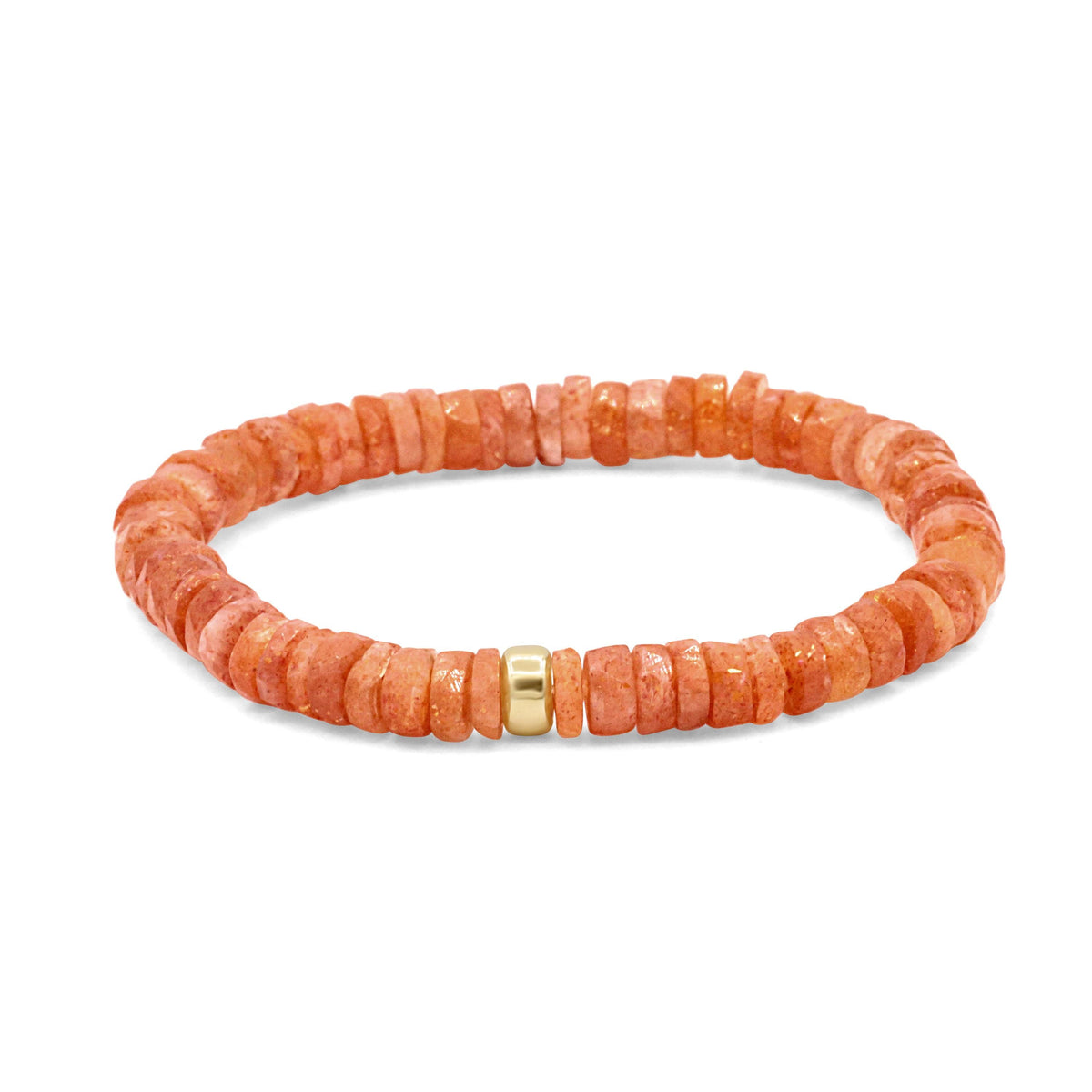 Earthly Abundance Sunstone Heishi bracelet featuring small round sunstone beads on an elastic cord.