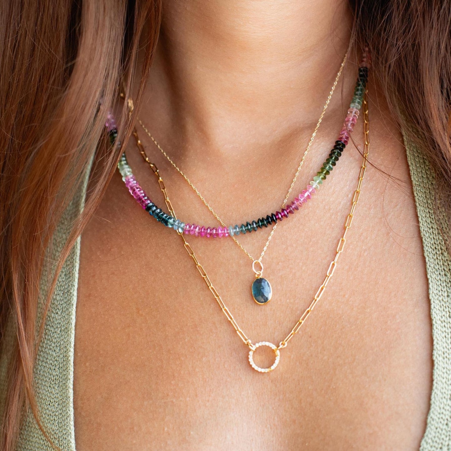 Mixed tourmaline gemstone beaded necklace by Earthly Abundance featuring colorful, polished round beads on a delicate string.