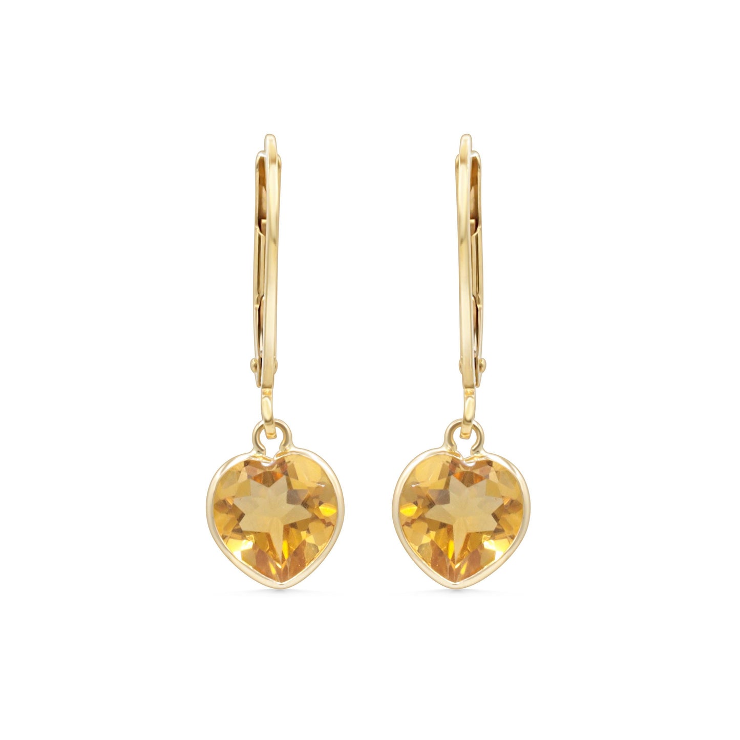 14K Citrine hearts earrings by Earthly Abundance featuring gold hooks and vibrant, faceted citrine heart-shaped gemstones.