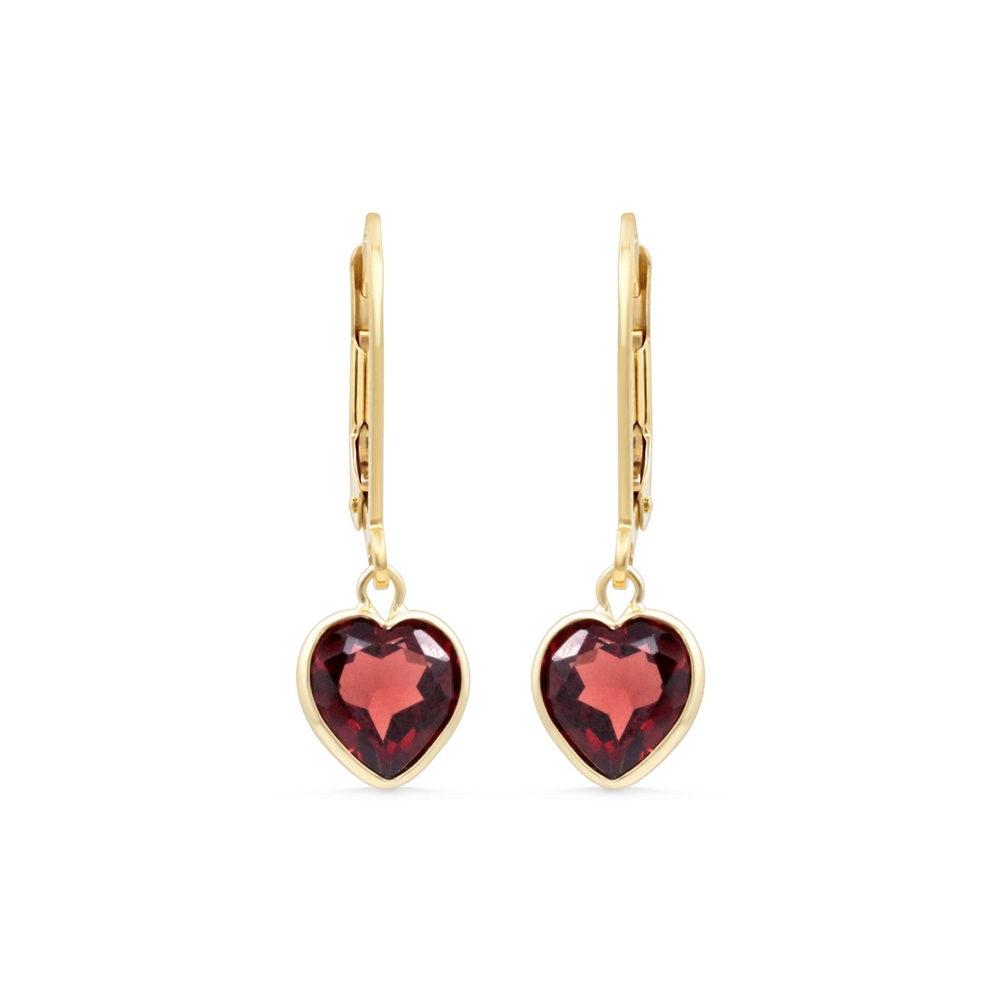 Garnet heart earrings in 14K gold from Earthly Abundance, featuring red gemstone hearts with gold hooks.