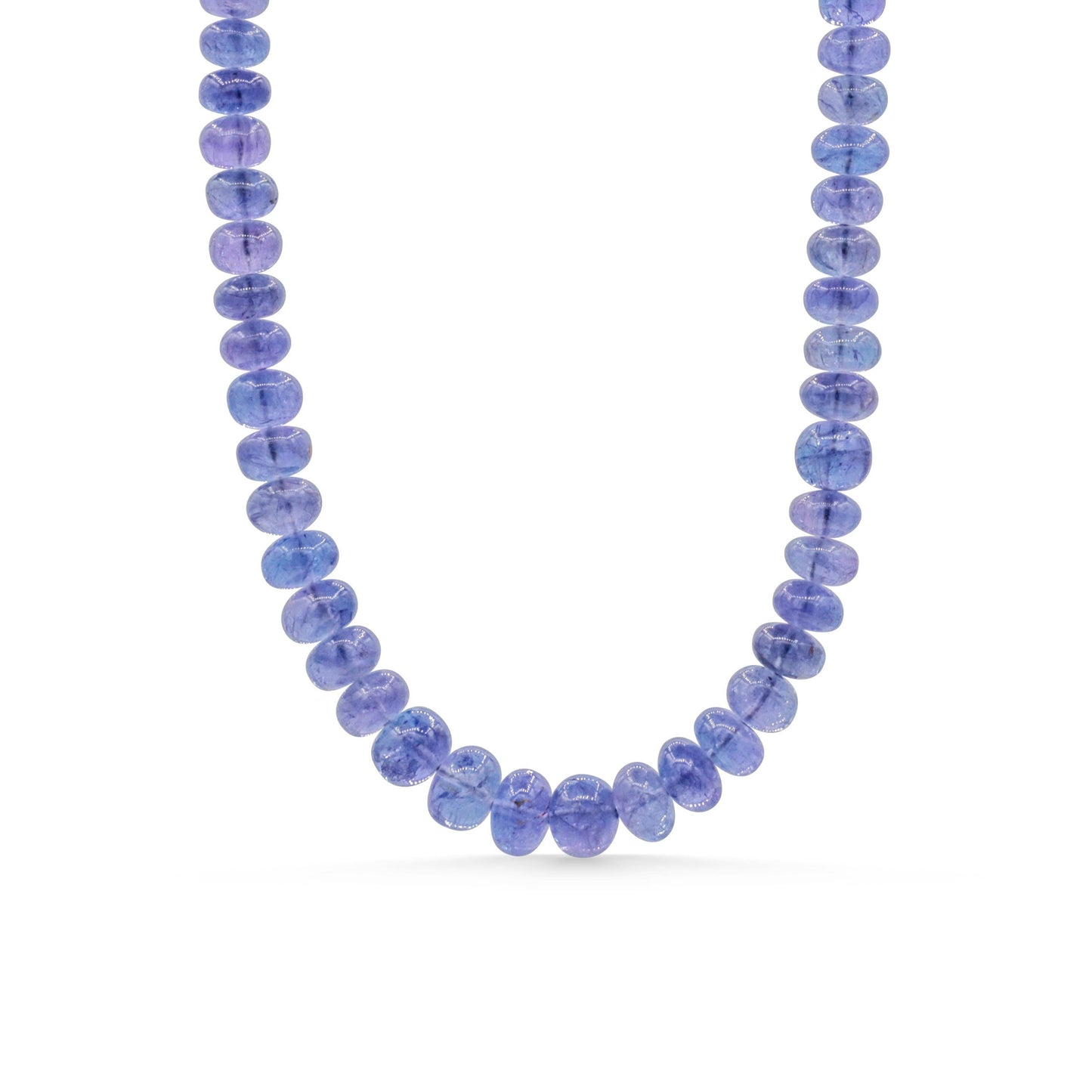 Earthly Abundance Tanzanite smooth rondel necklace in 14K gold, featuring vibrant blue-purple tanzanite beads on a delicate chain.