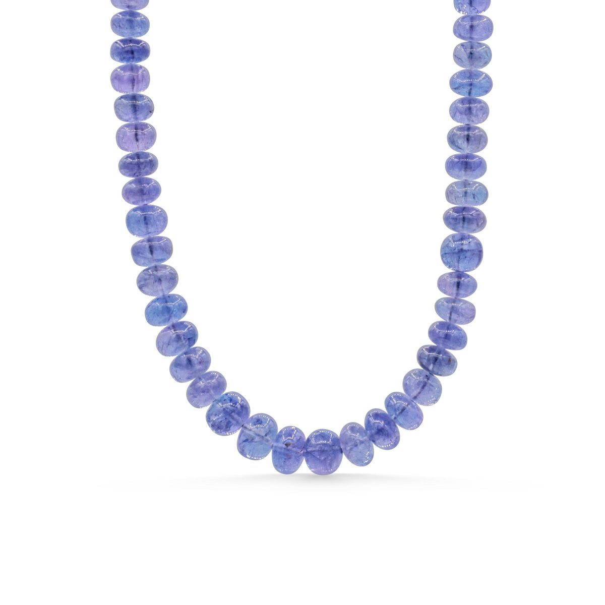 Tanzanite smooth rondel necklace with 14K gold chain, featuring polished blue-violet tanzanite beads, by Earthly Abundance.