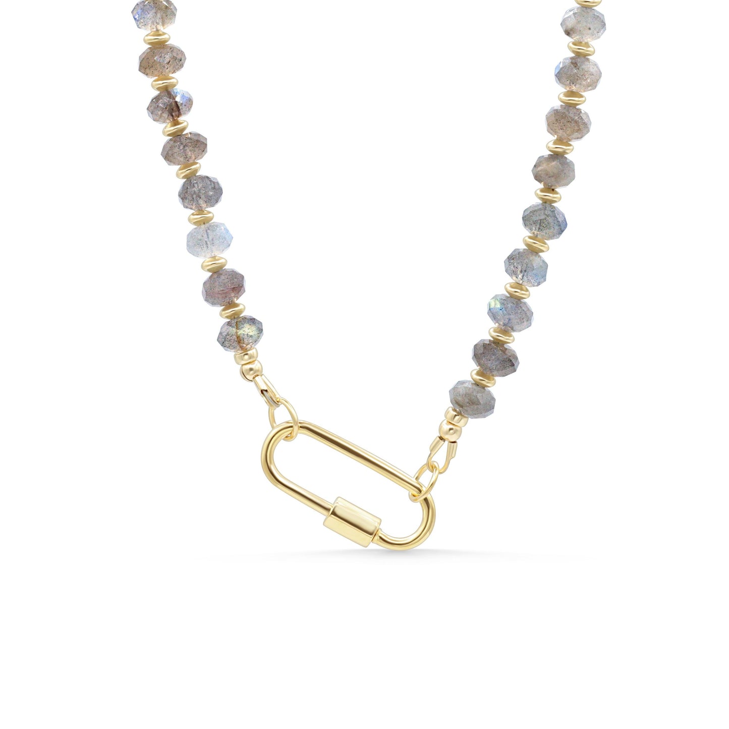 Labradorite carabiner necklace with silver clasp from Earthly Abundance, showcasing the iridescent labradorite gemstone.