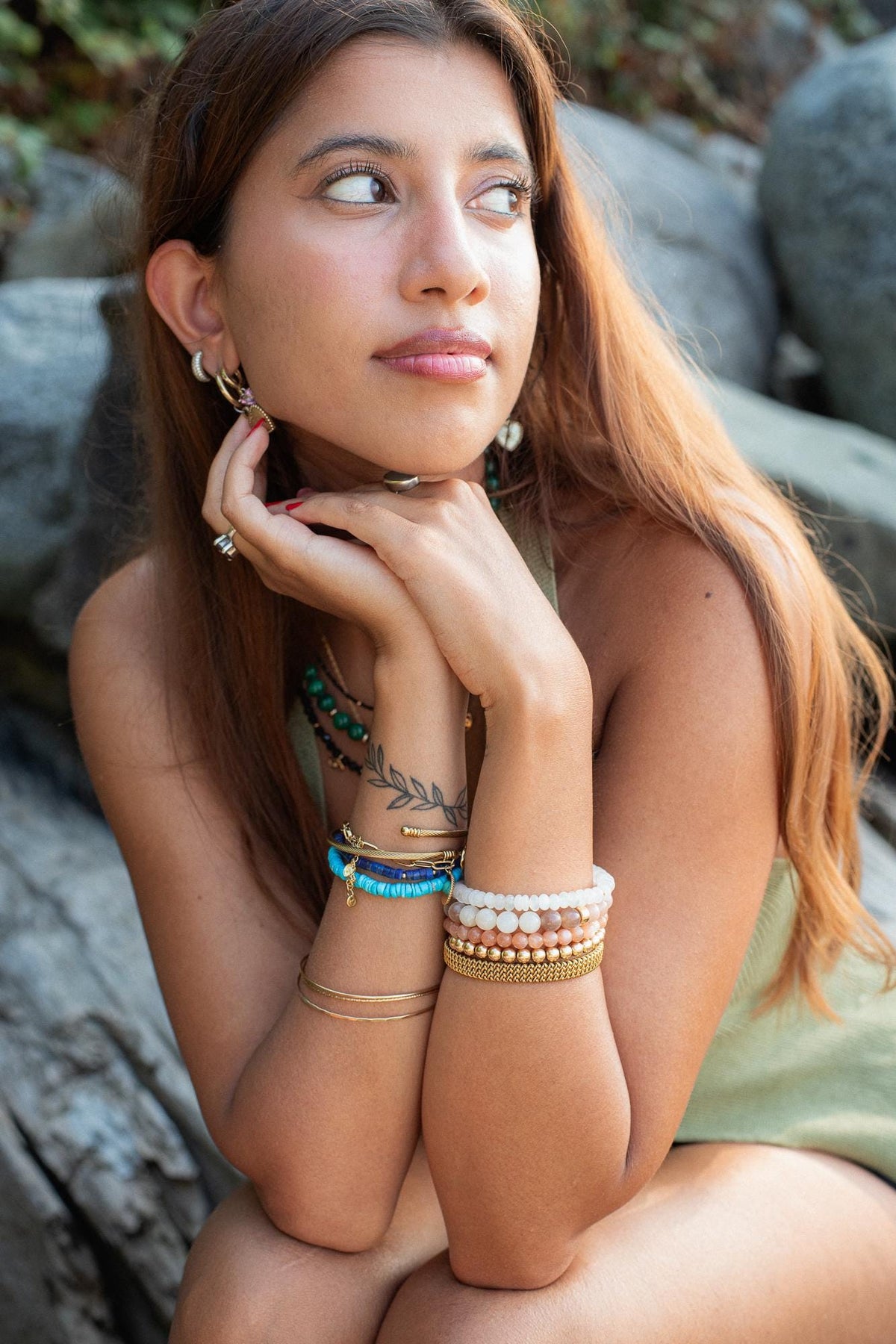 Desert Moon bracelet by Earthly Abundance featuring moon-shaped charms and earthy-toned beads on a delicate silver chain.