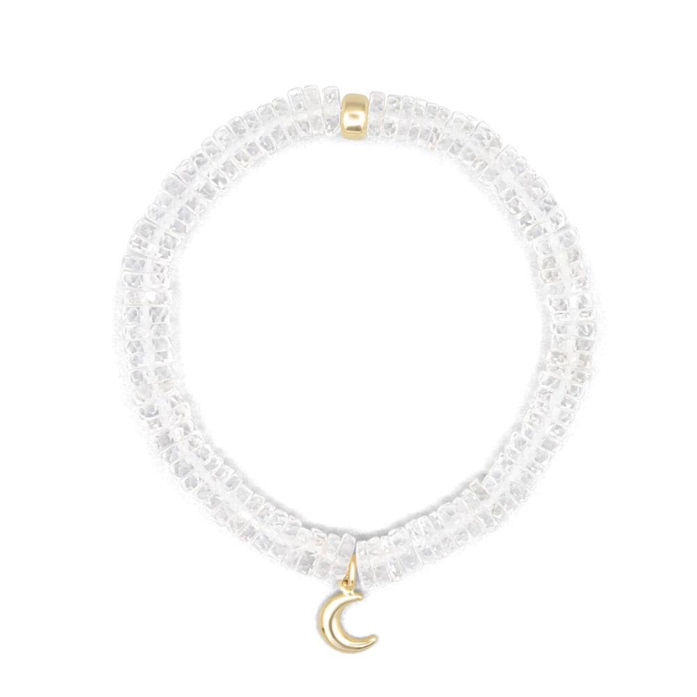 Clear quartz heishi moon bracelet with 14K gold accents by Earthly Abundance, featuring round quartz beads and moon-shaped charms.