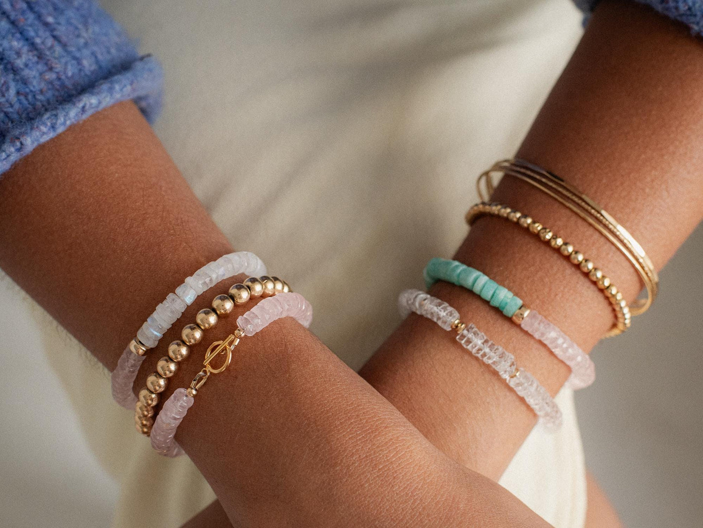Amazonite and rose quartz heishi bracelet featuring small, colorful stone beads strung together in a stylish jewelry piece.