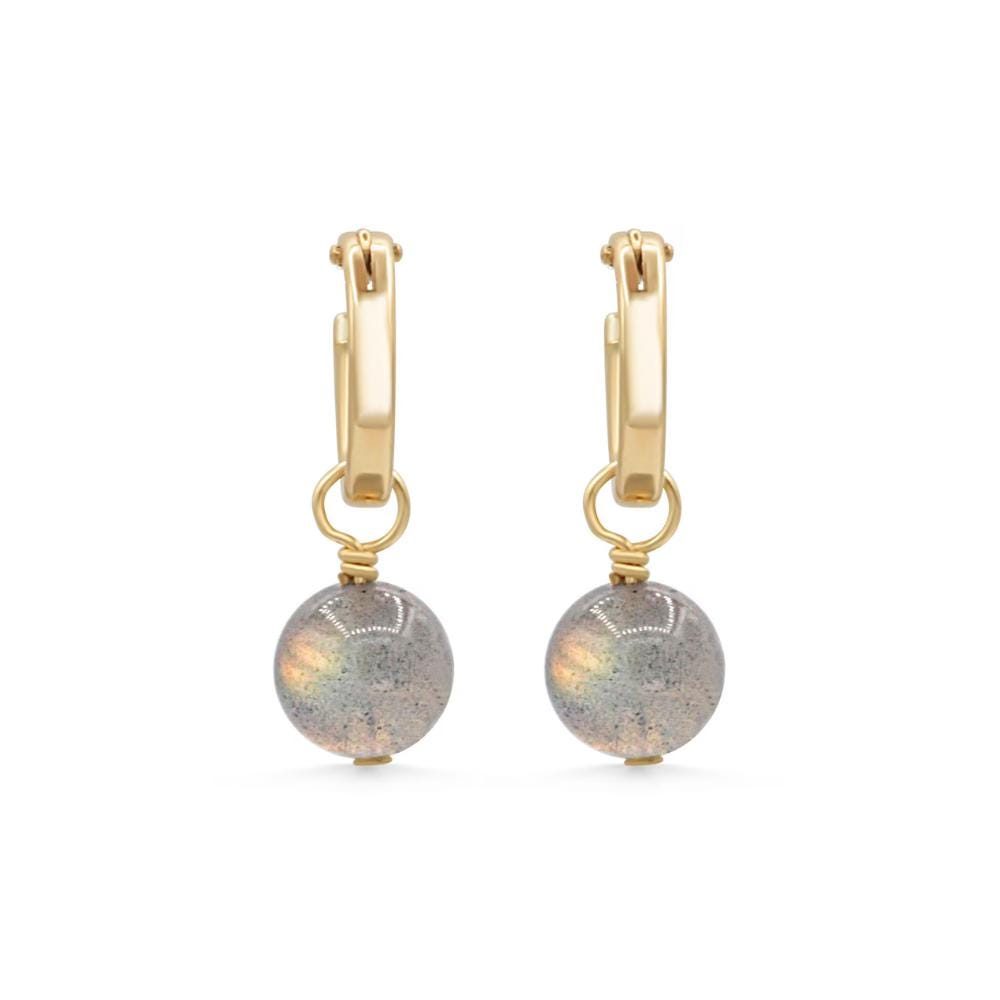 Labradorite ball hoops earrings with 14K gold-filled setting, featuring round labradorite stones and gold hoop design.