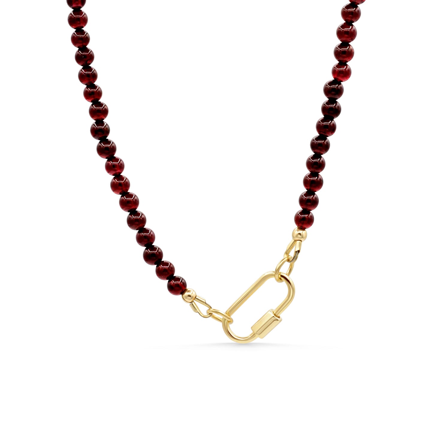 Garnet carabiner necklace from Earthly Abundance featuring a red gemstone pendant on a silver chain.