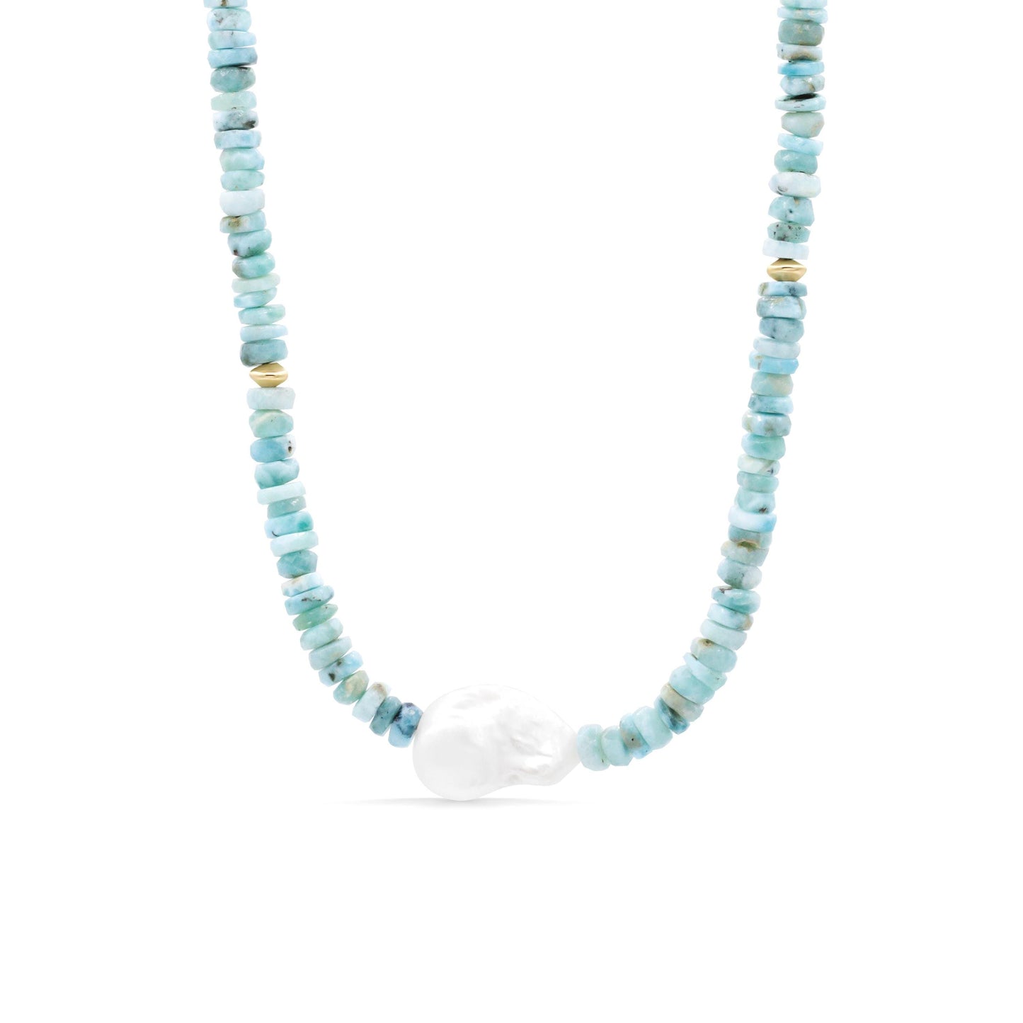 Larimar heishi and baroque pearl necklace by Earthly Abundance featuring blue gemstone beads and irregular white pearls.