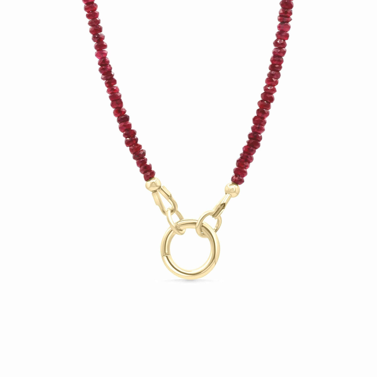 Longido Ruby Carabiner Necklace by Earthly Abundance Jewelry featuring a red ruby pendant on a silver chain.