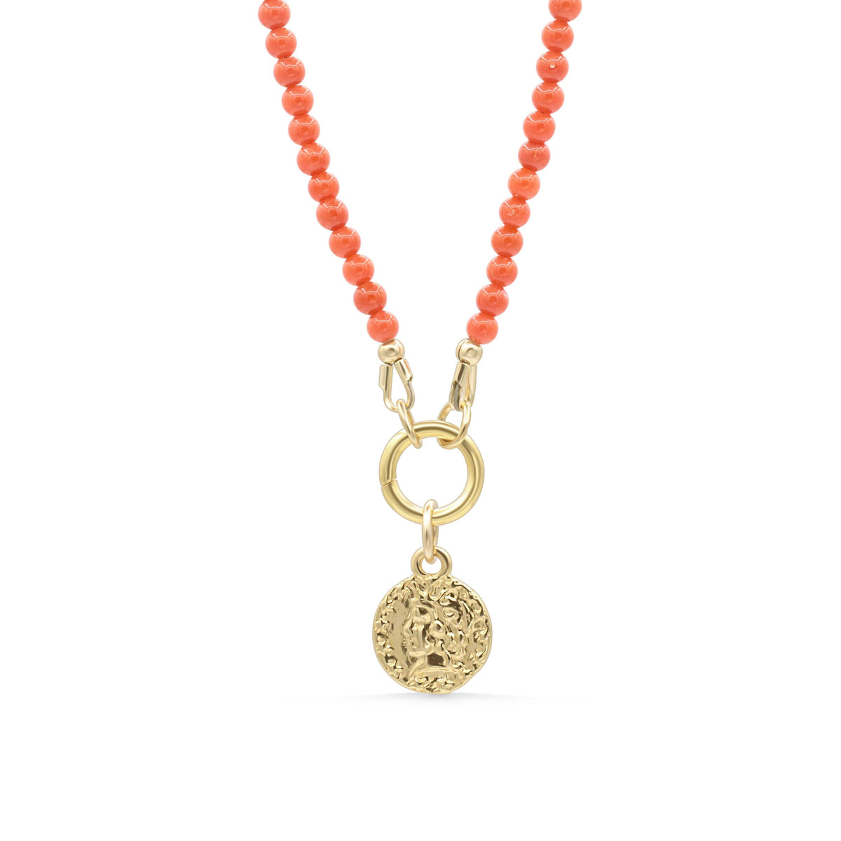 Earthly Abundance Italian Coral Greek necklace featuring vibrant coral beads and intricate gold-toned Greek-inspired design.