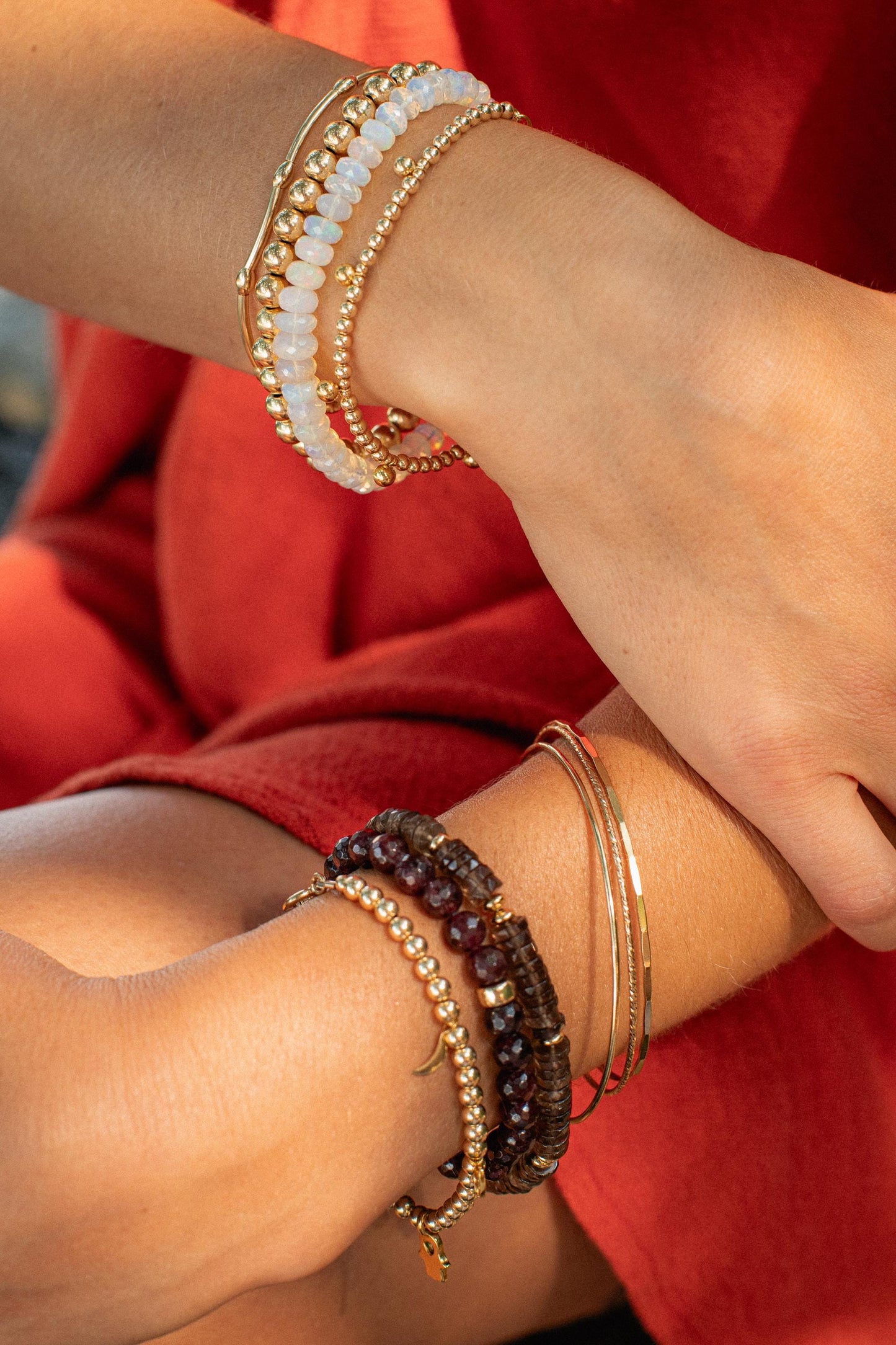 Grounding Smoky Quartz Heishi bracelet by Earthly Abundance featuring small, smooth smoky quartz beads on a stretchy cord.