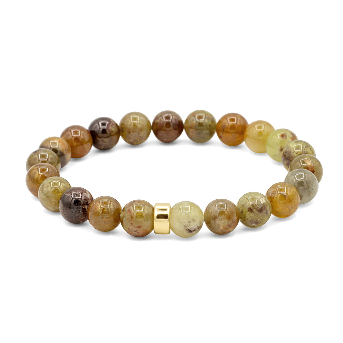 Green garnet bracelet made with 14K gold, featuring polished green garnet stones on a delicate gold chain.