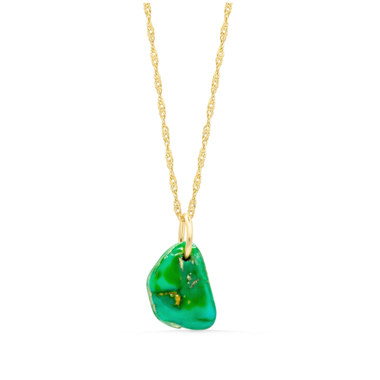 Desert Sky Turquoise Necklace with 14K gold setting from Earthly Abundance, featuring a vibrant turquoise pendant.