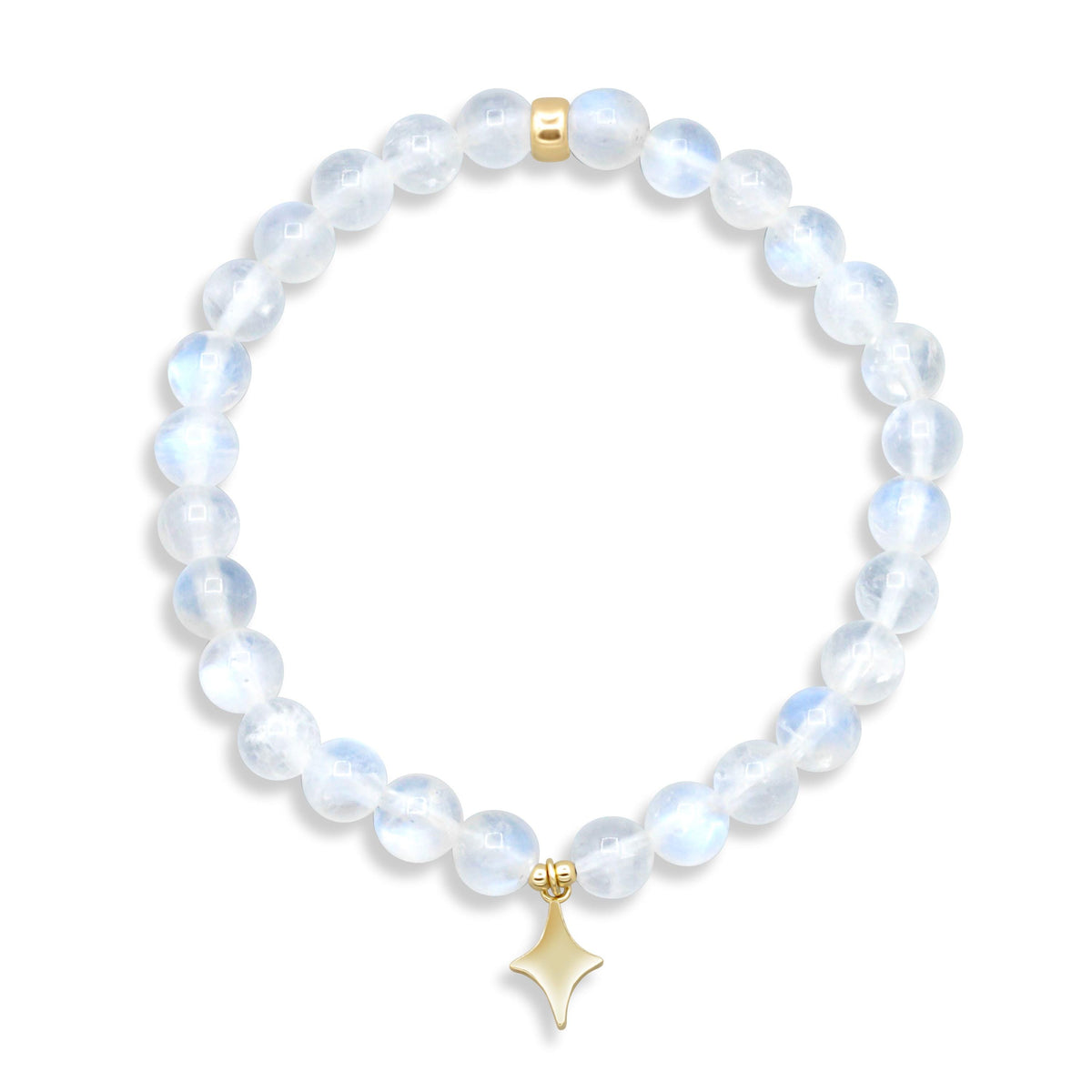 North Star Rainbow Moonstone bracelet featuring 14K gold accents from Earthly Abundance, showcasing shimmering moonstone beads.