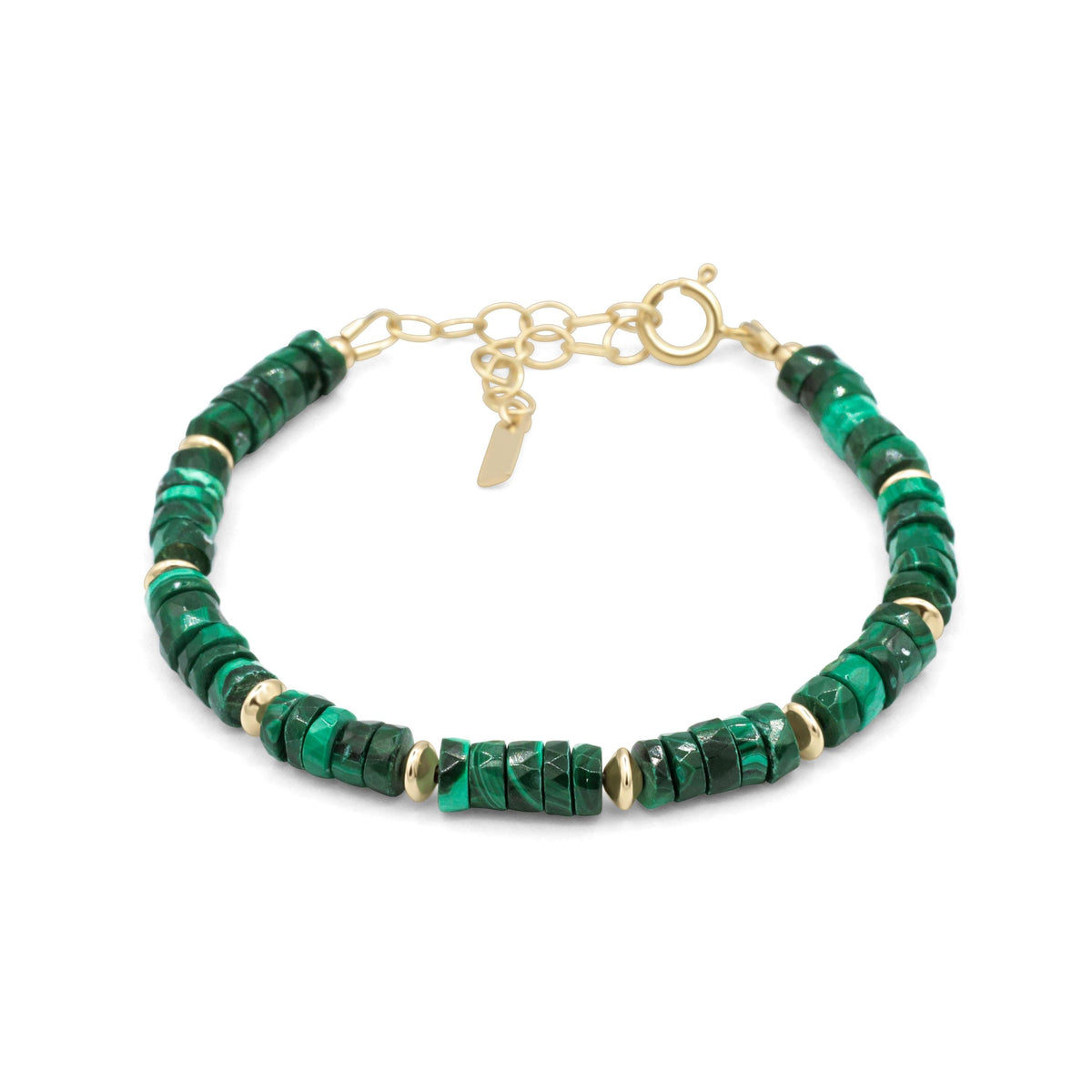 Malachite manifestation bracelet with 14K gold-filled accents, featuring round green stones on a delicate chain.