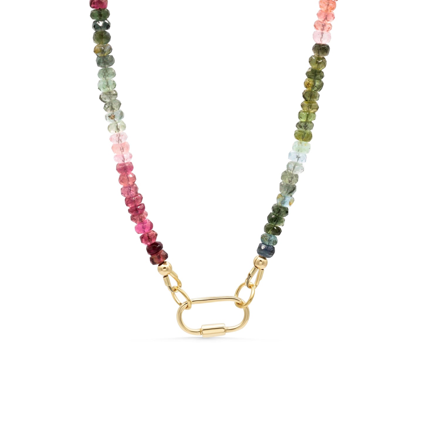 Mixed tourmaline carabiner necklace with colorful gemstone beads and silver-tone clasp, showcasing earthy, vibrant jewelry design