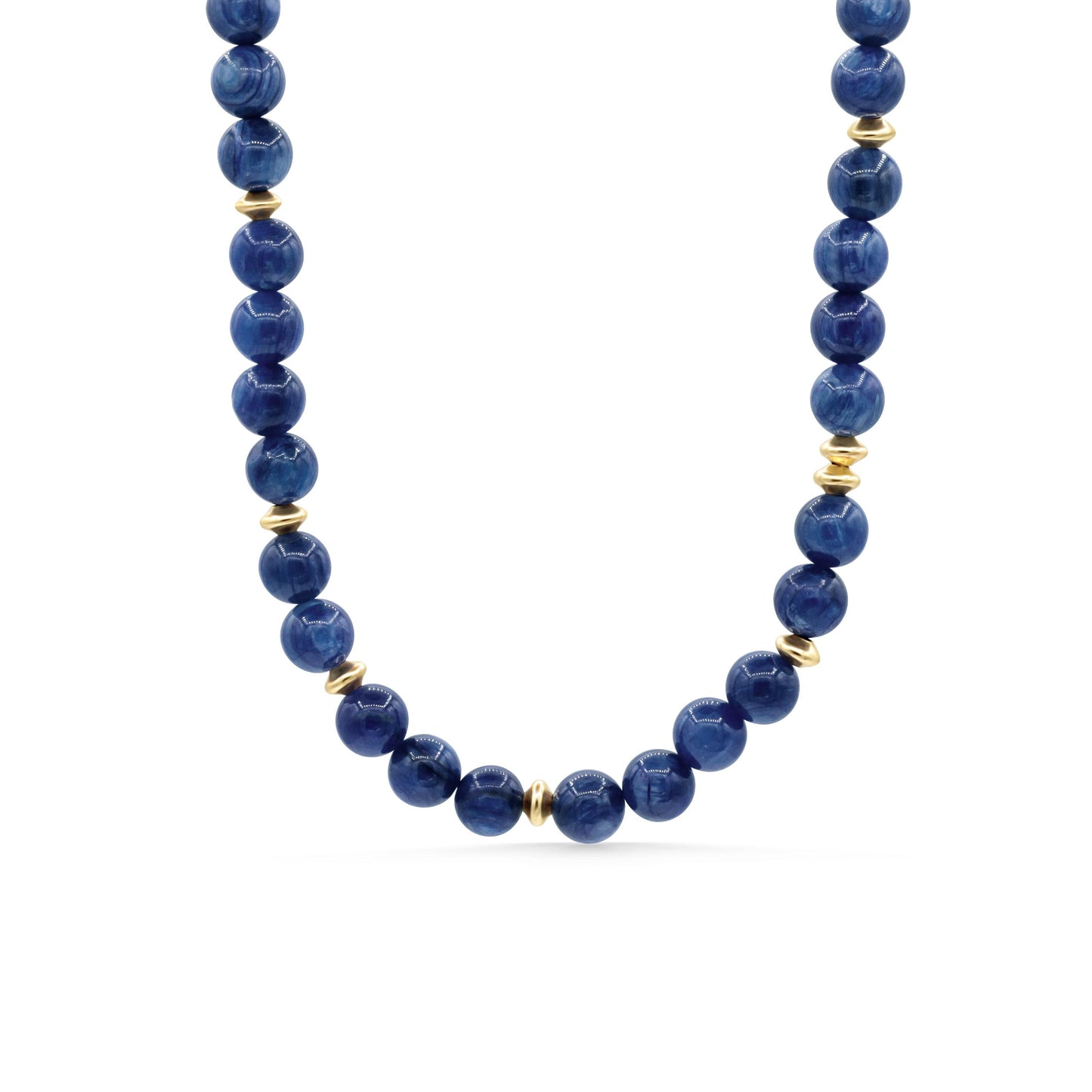 Kyanite energy necklace featuring a polished blue kyanite pendant on a cord, designed for spiritual healing and energy balancing.