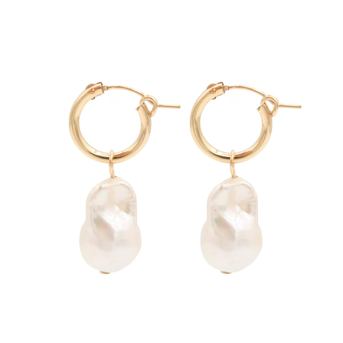 Freshwater pearl hoop earrings with 14K gold-filled setting, featuring elegant white pearls and a secure clasp.