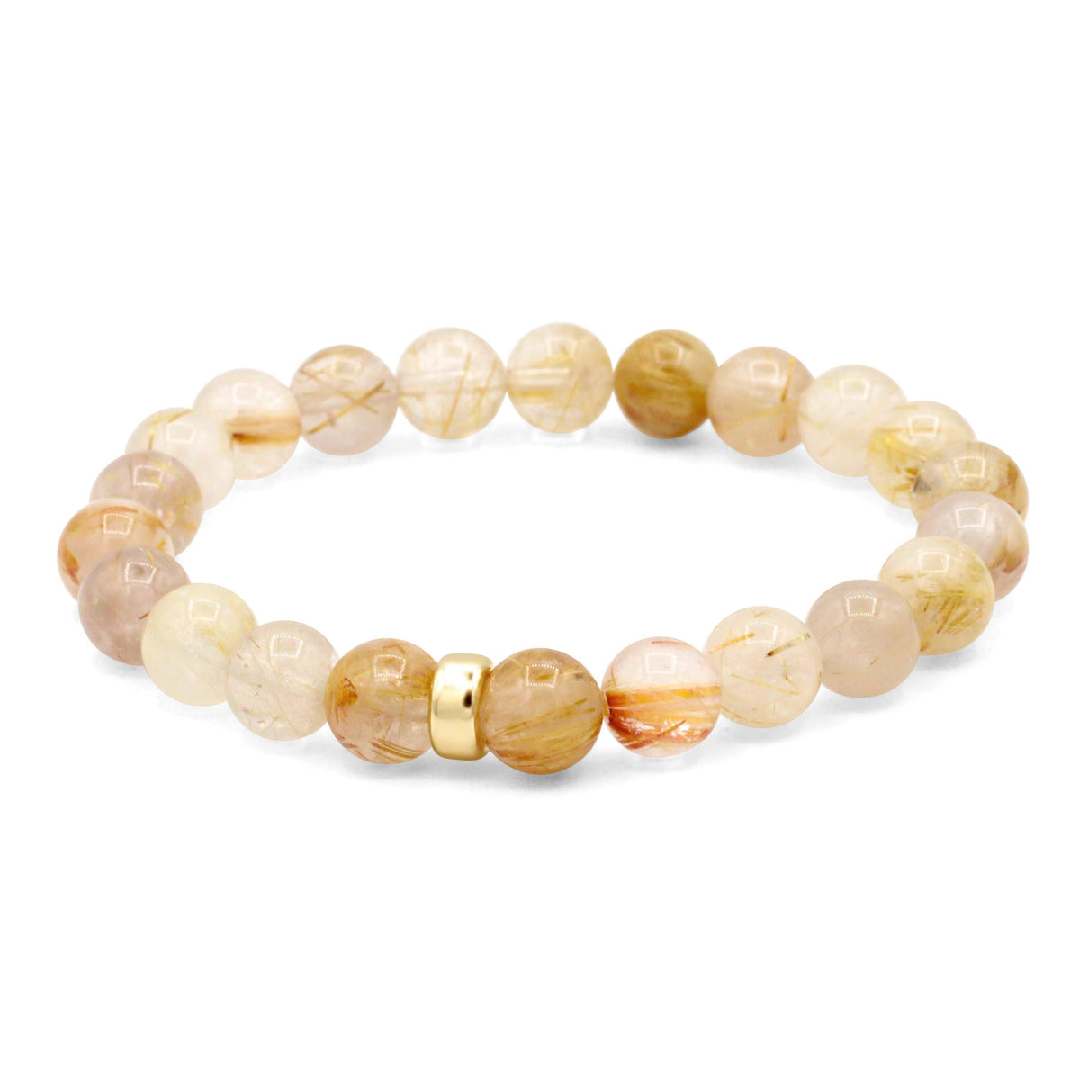 Golden rutilated quartz bracelet with 8mm beads from Earthly Abundance, showcasing shimmering golden rutile inclusions.