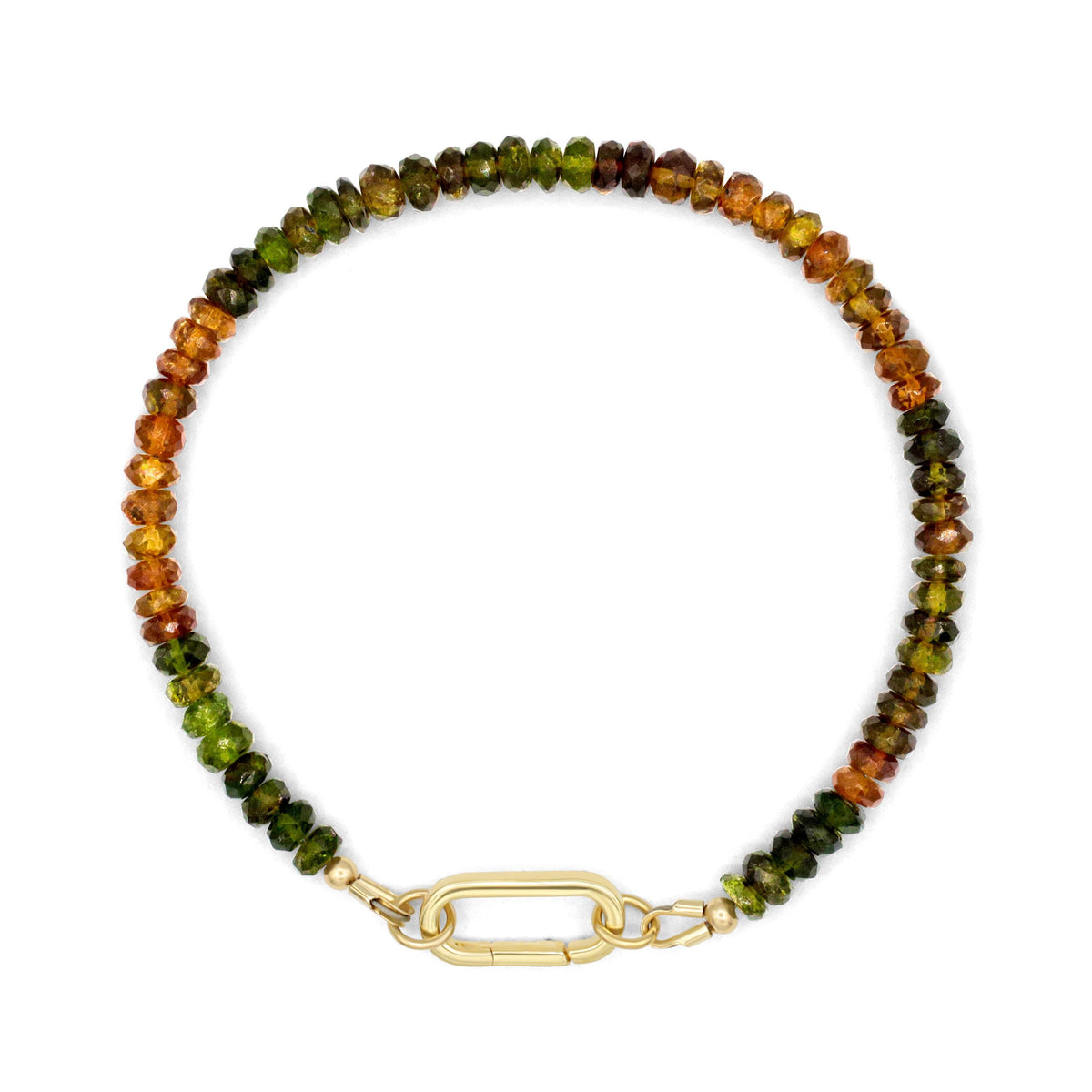 Petro Tourmaline Carabiner Bracelet by Earthly Abundance featuring colorful gemstone beads and a metal carabiner clasp.