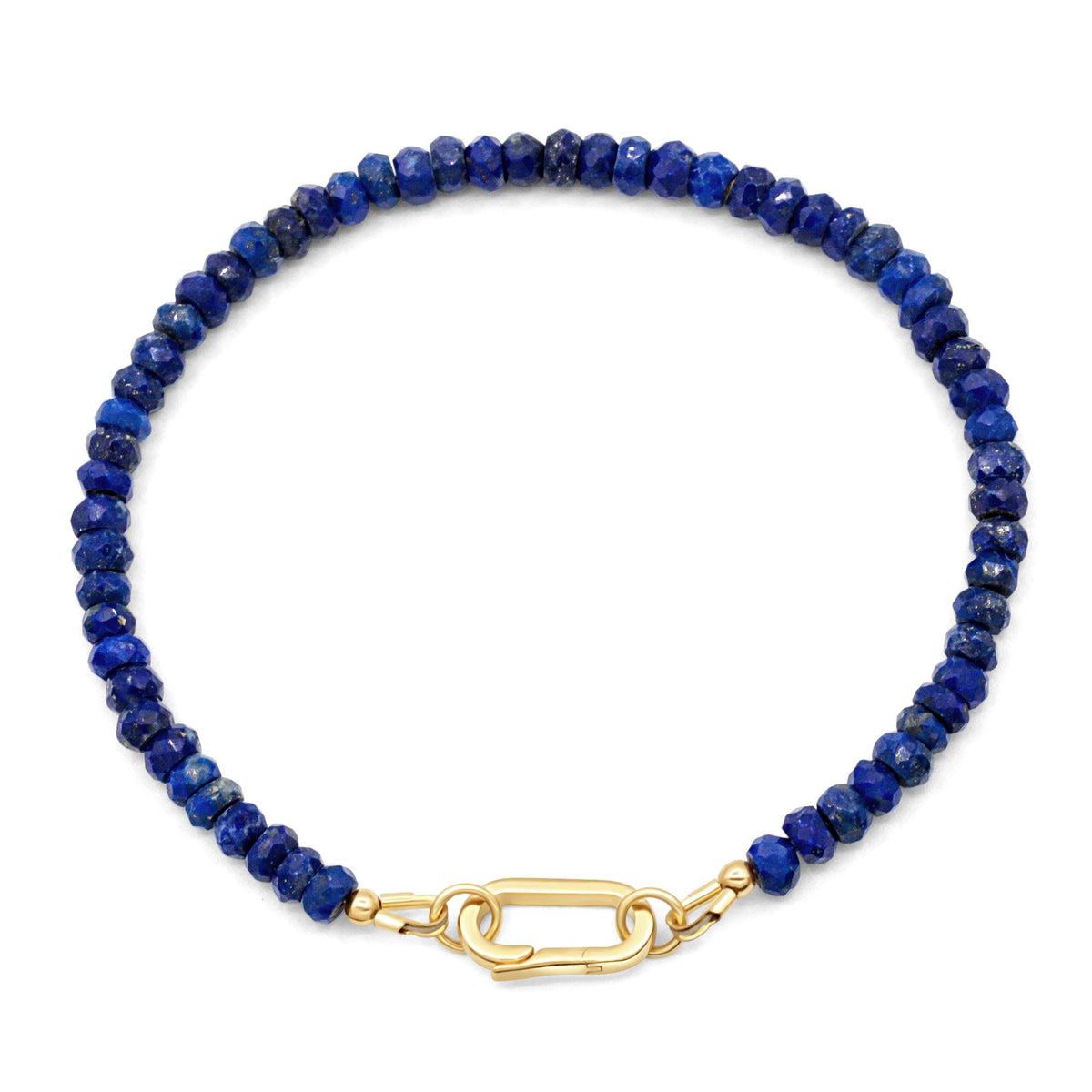 Lapis Lazuli carabiner bracelet with natural blue stones and silver-tone hardware from Earthly Abundance.