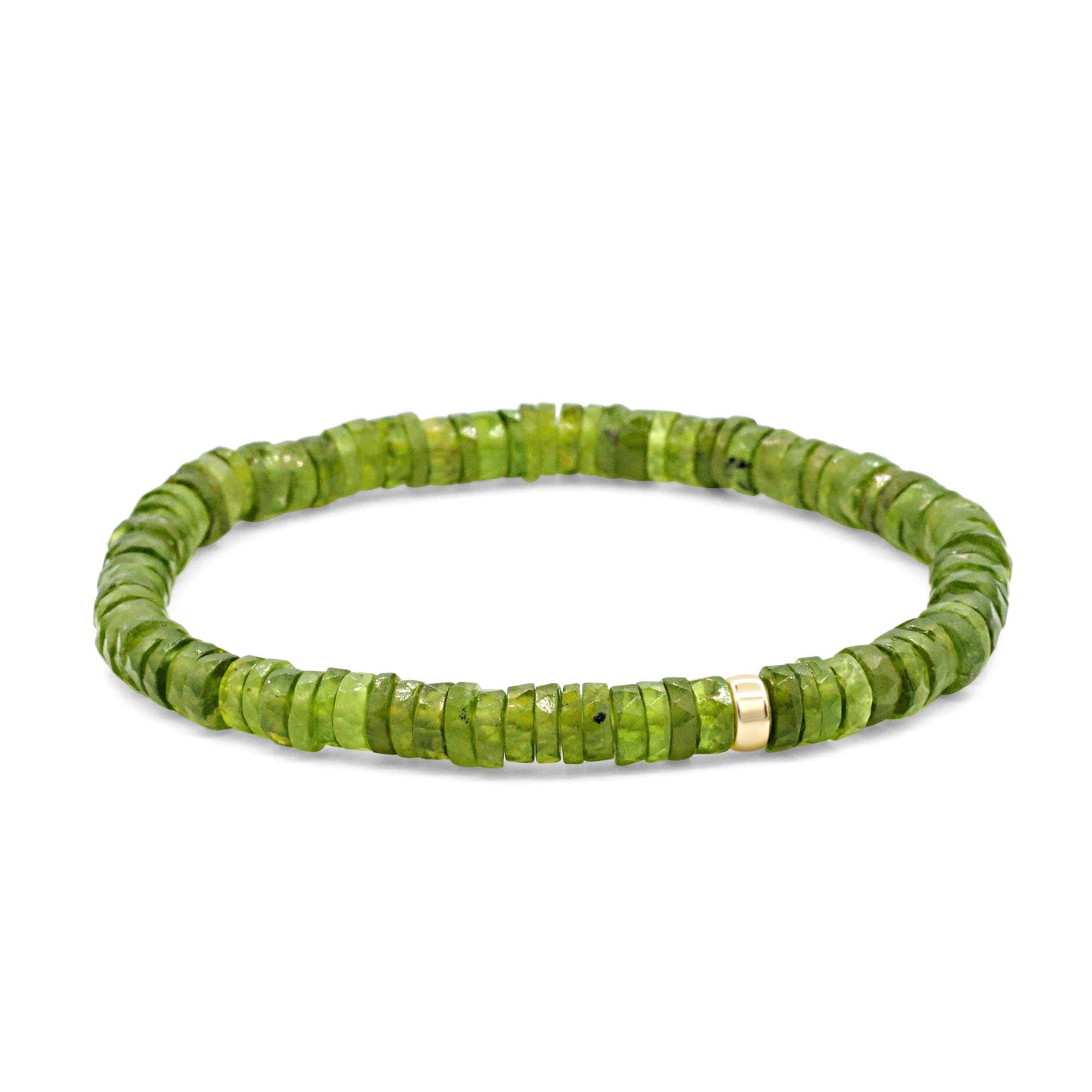 Earthly Abundance Vessonite Heishi bracelet with smooth, colorful gemstone beads on an elastic cord.