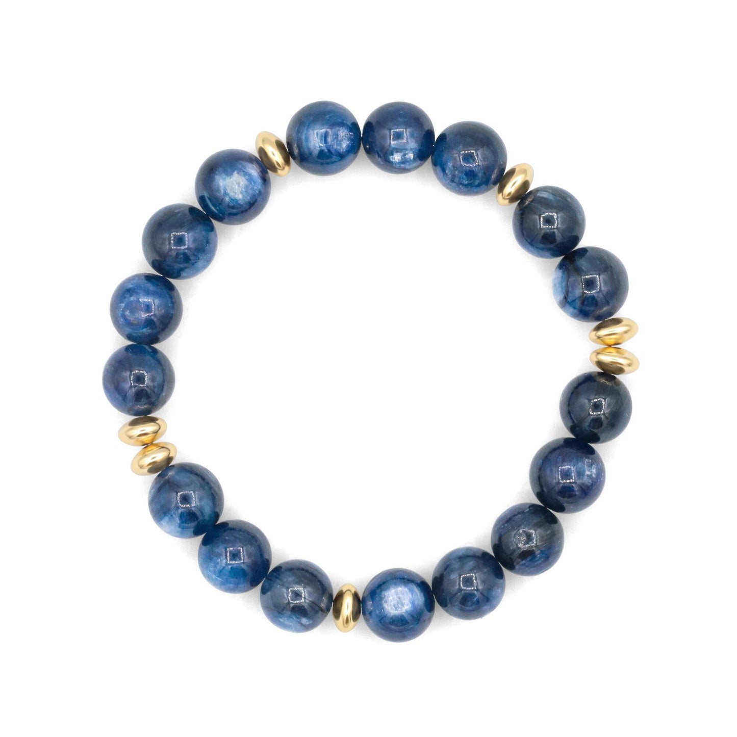 Kyanite bracelet with 10mm beads from Earthly Abundance Jewelry, featuring smooth, polished blue stones on a stretchy cord.