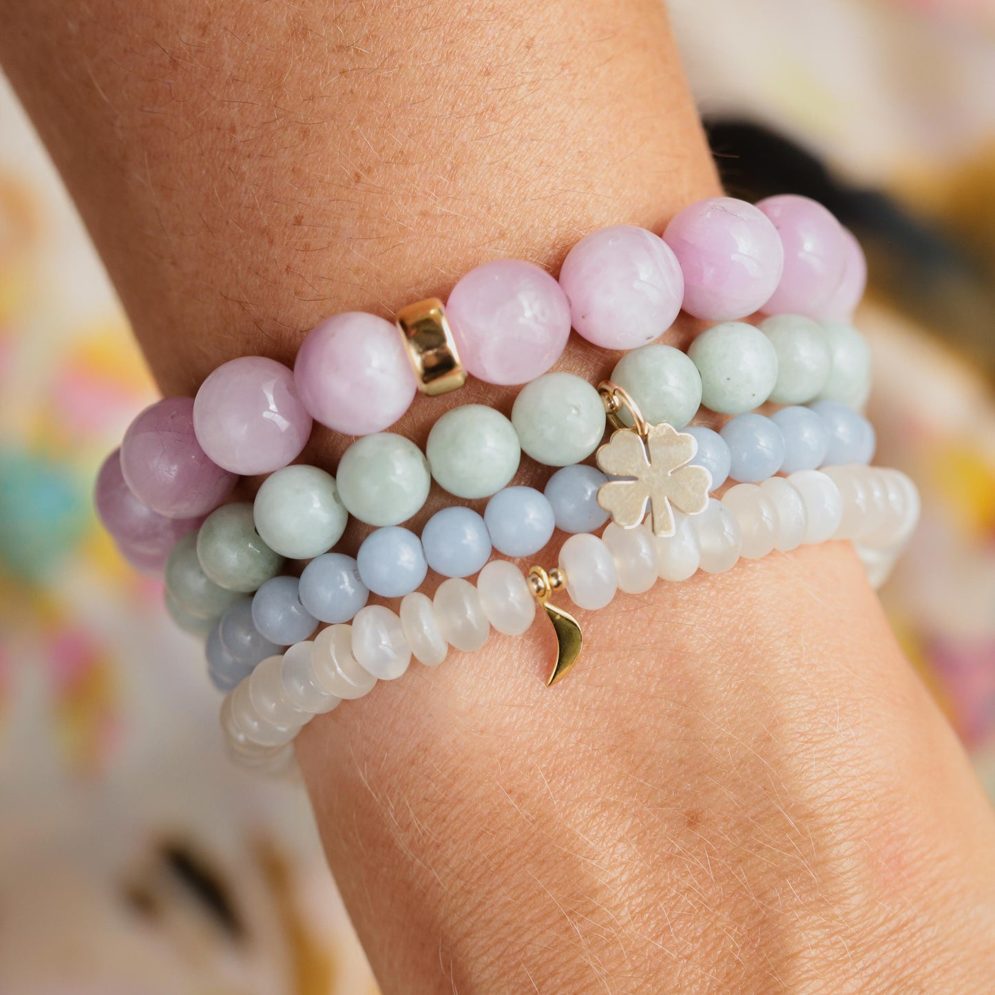 Jadeite Clover Bracelet by Earthly Abundance featuring a delicate jadeite bracelet with a four-leaf clover charm.