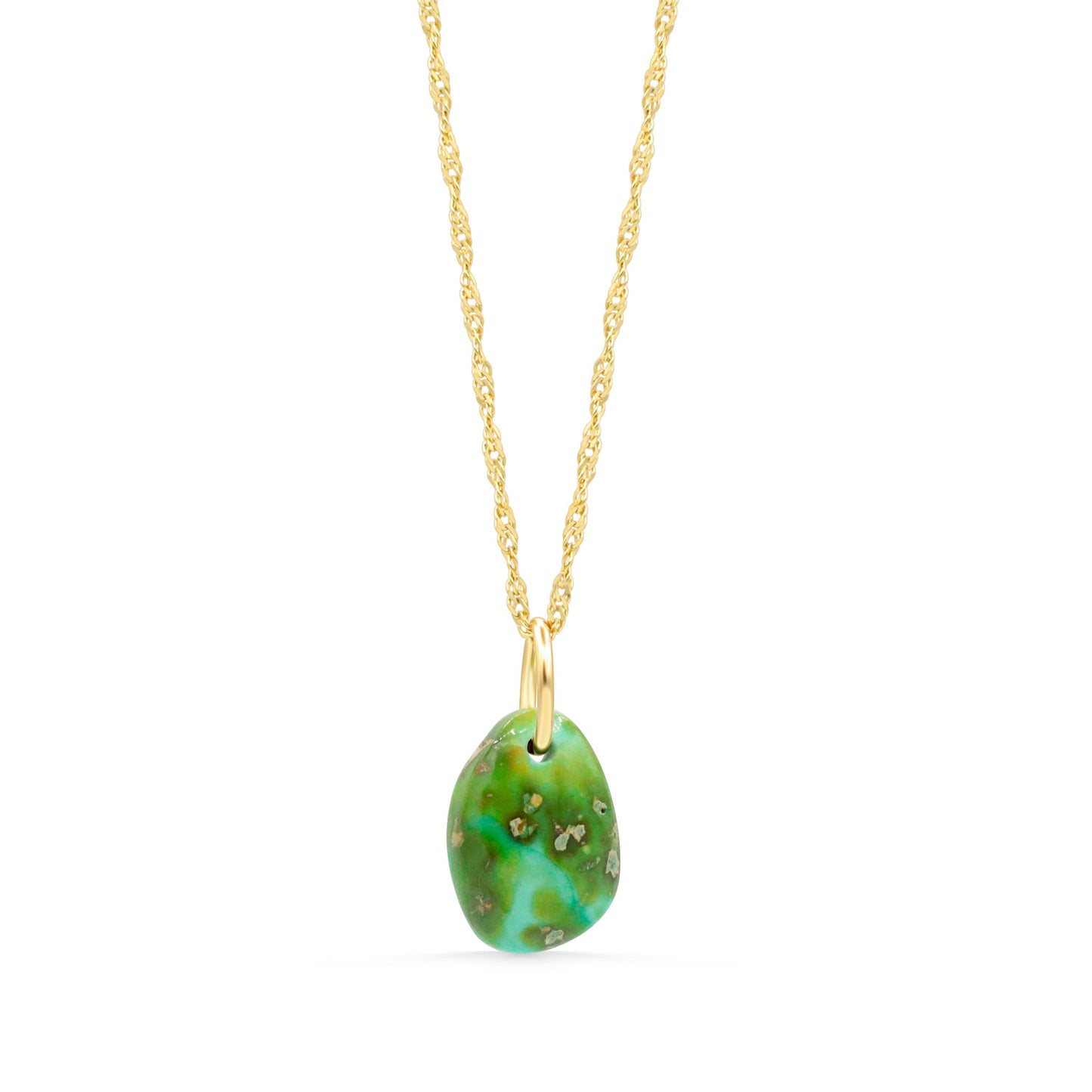 Desert Sky Turquoise Necklace from Earthly Abundance featuring a 14K gold chain and a vibrant turquoise pendant.