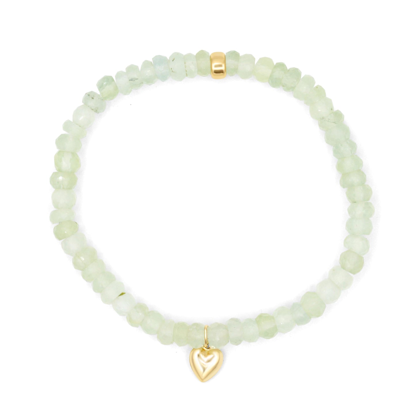Green Prehnite heart bracelet featuring polished gemstone beads and a heart-shaped charm from Earthly Abundance.
