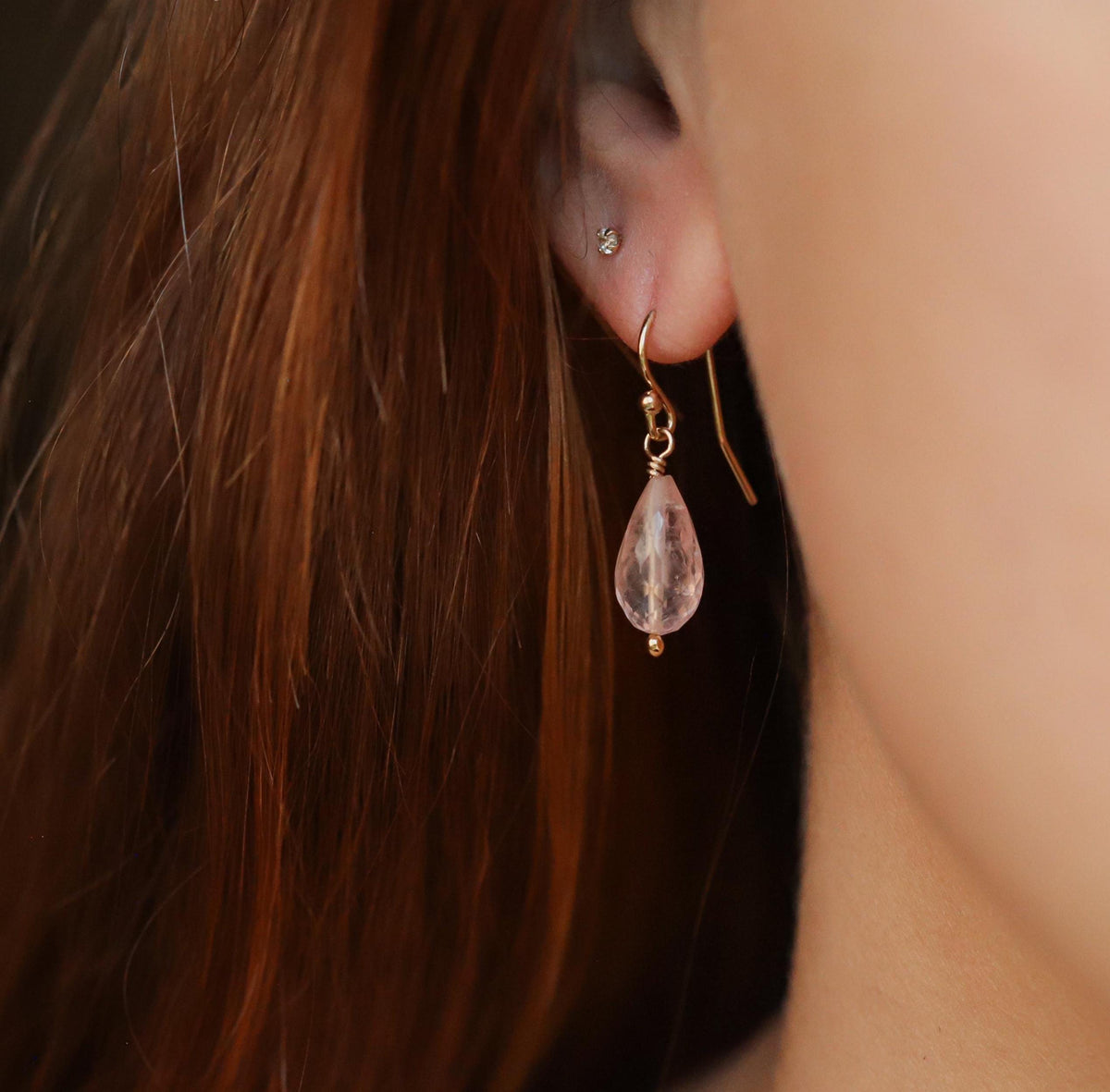 Faceted Morganite drop earrings by Earthly Abundance featuring sparkling pink gemstone drops with gold hooks.