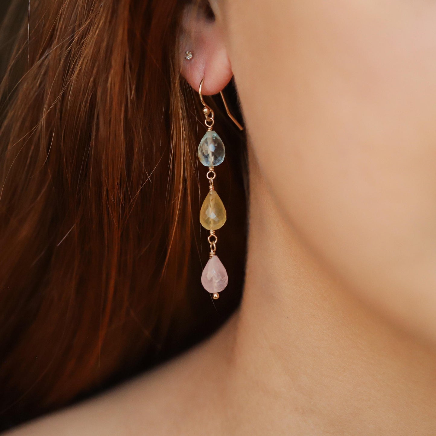 Soft blue, pink, and yellow Morganite earrings from Earthly Abundance featuring delicate gemstone drops and elegant design.