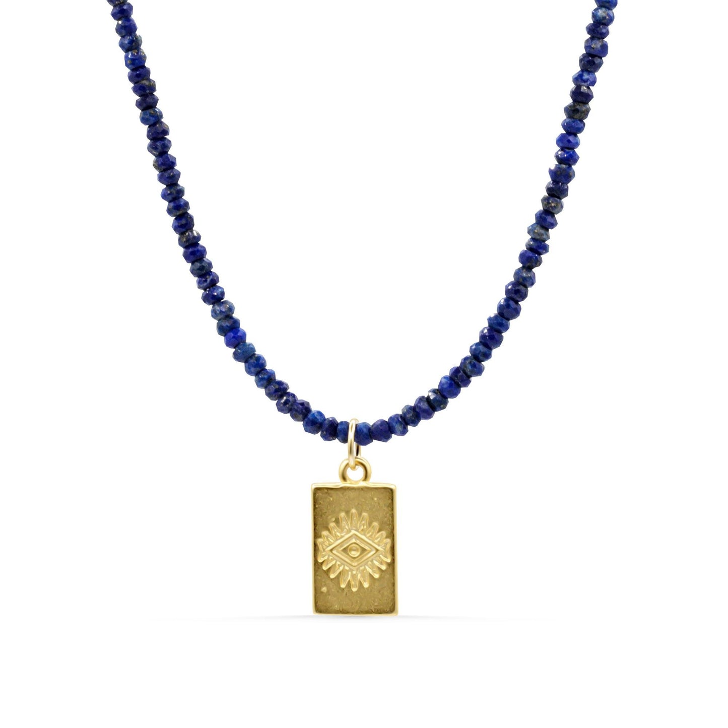 Lapis lazuli beaded necklace from Earthly Abundance featuring deep blue stones with gold-toned accents.