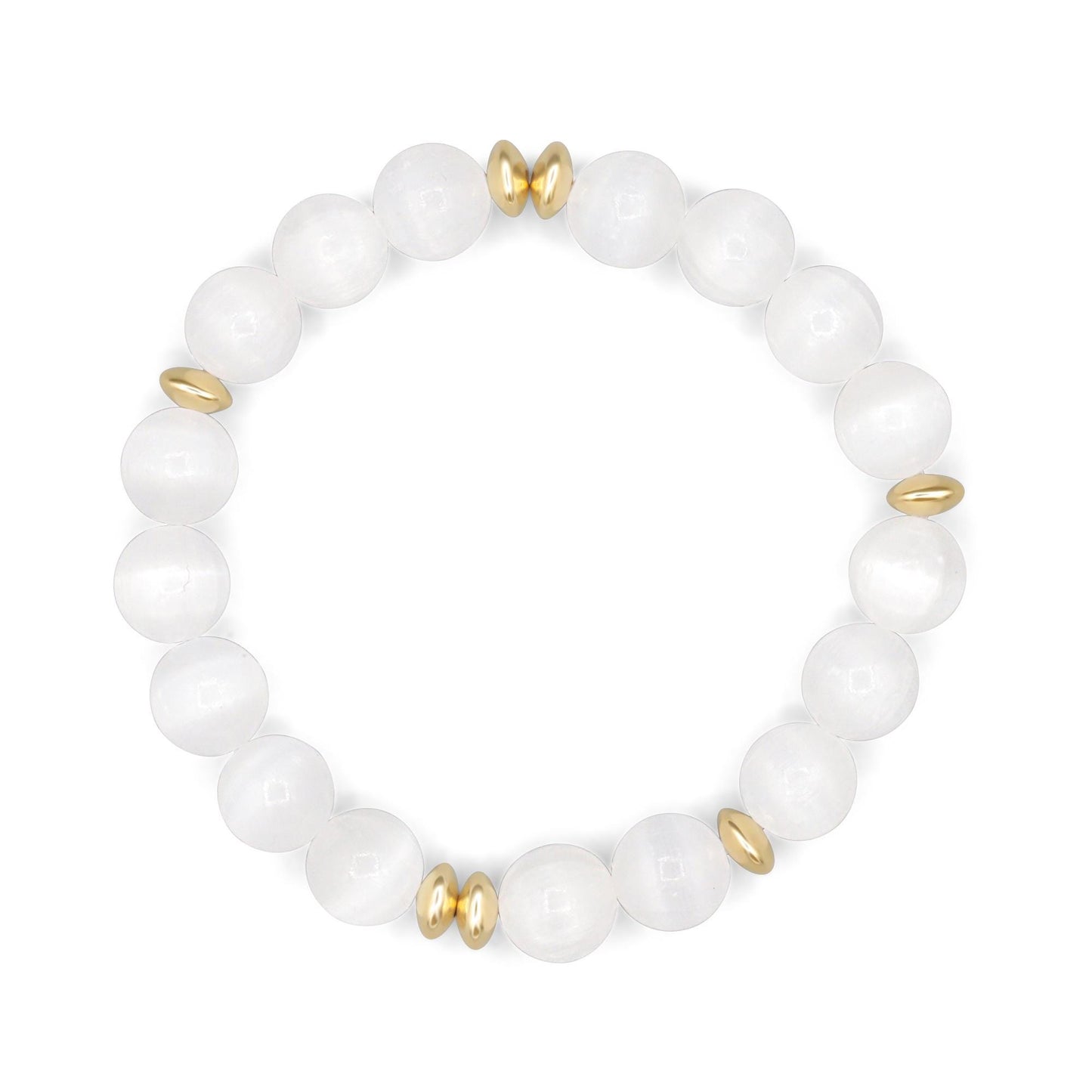 Earthly Abundance Selenite 10mm bracelet featuring smooth white selenite beads on an elastic band.
