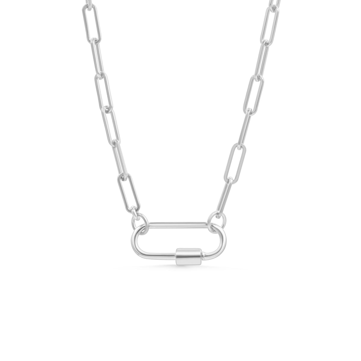 Sterling silver paperclip carabiner chain from Earthly Abundance, showing the shiny, interconnected links on a white background.