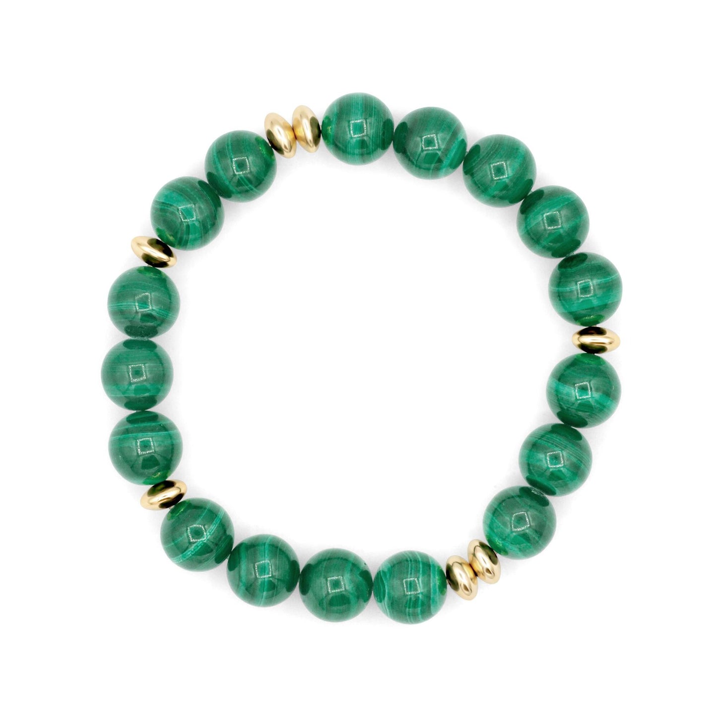Malachite bracelet with 10mm beads from Earthly Abundance, featuring vibrant green stones arranged on an elastic band.