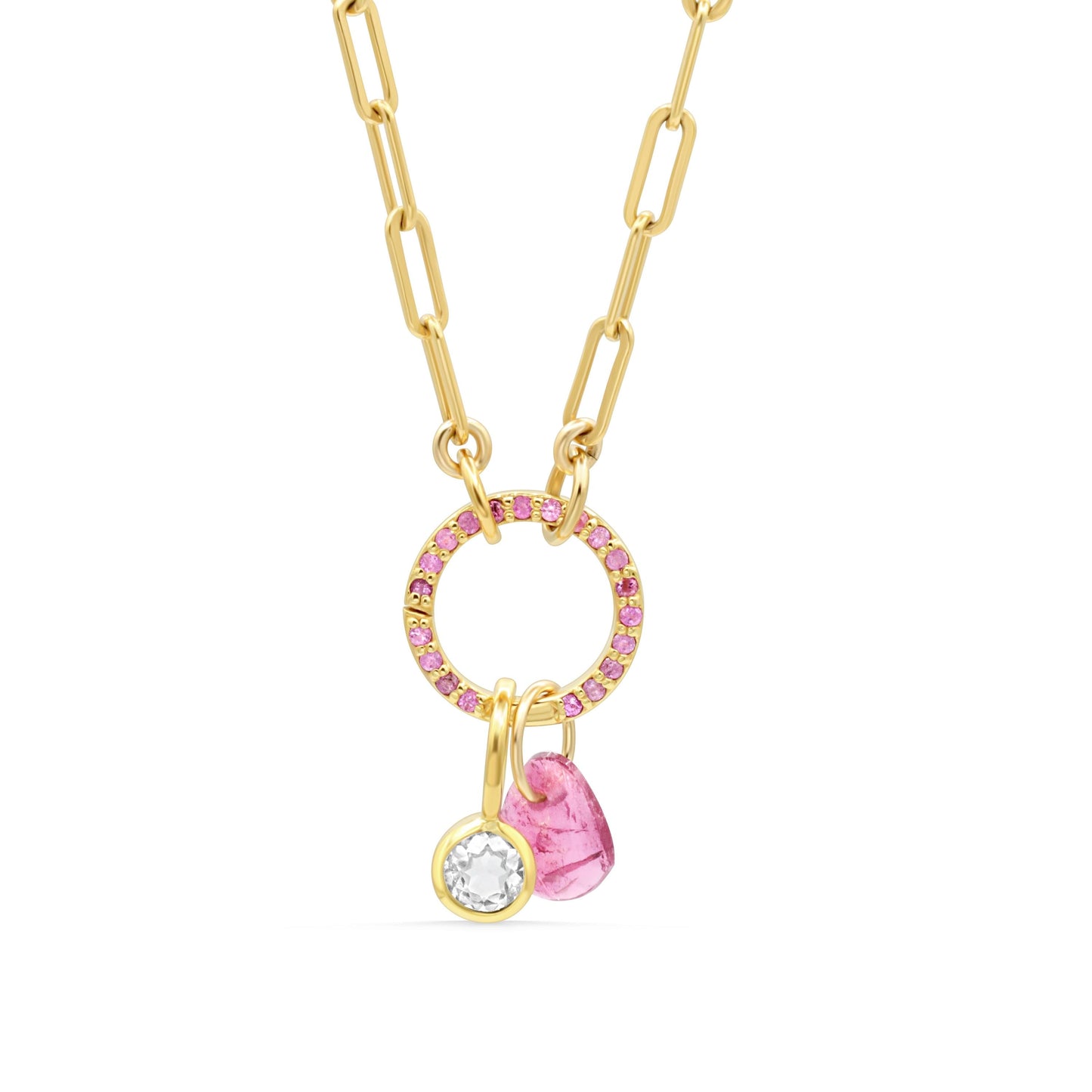 Pink sapphire, tourmaline, and topaz carabiner necklace by Earthly Abundance featuring colorful gemstone accents.