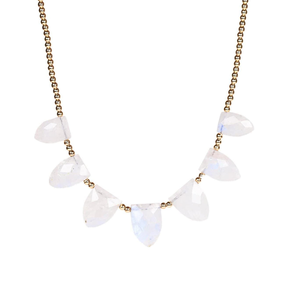 Seven moonstone drop necklace by Earthly Abundance Jewelry featuring a delicate chain and seven moonstone pendants.