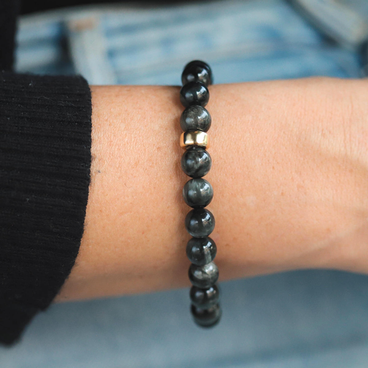 AAA+ Cats Eye Bracelet 8mm / Natural Gray Chrysoberyl Stones / Neutral Unisex Bracelet / Stretch Stacking Bracelet Chrysoberyl