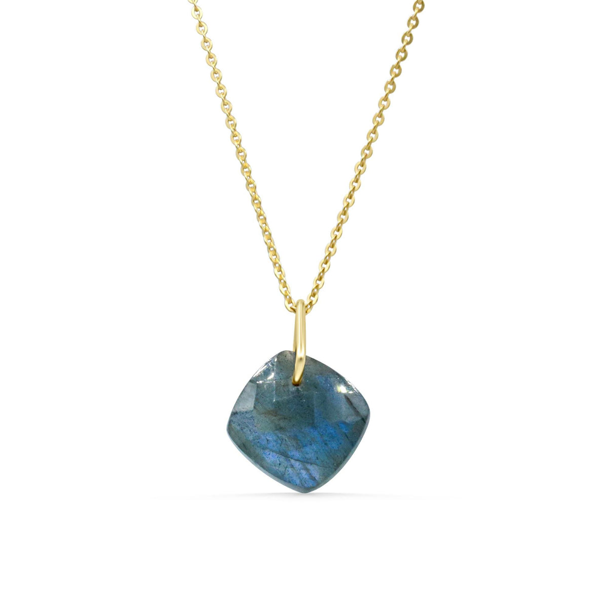 Faceted Labradorite pendant from Earthly Abundance showing iridescent blue and green hues with a silver bail on a white background.