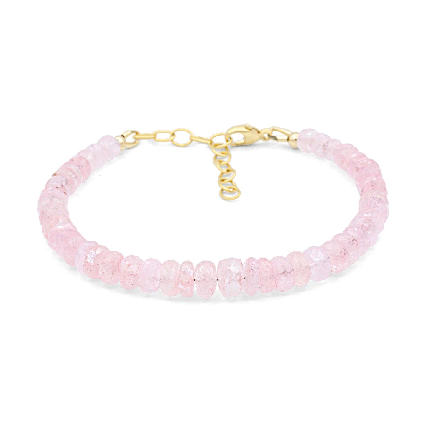 Bubble gum pink Morganite bracelet from Earthly Abundance featuring smooth, round gemstones on a delicate silver chain.