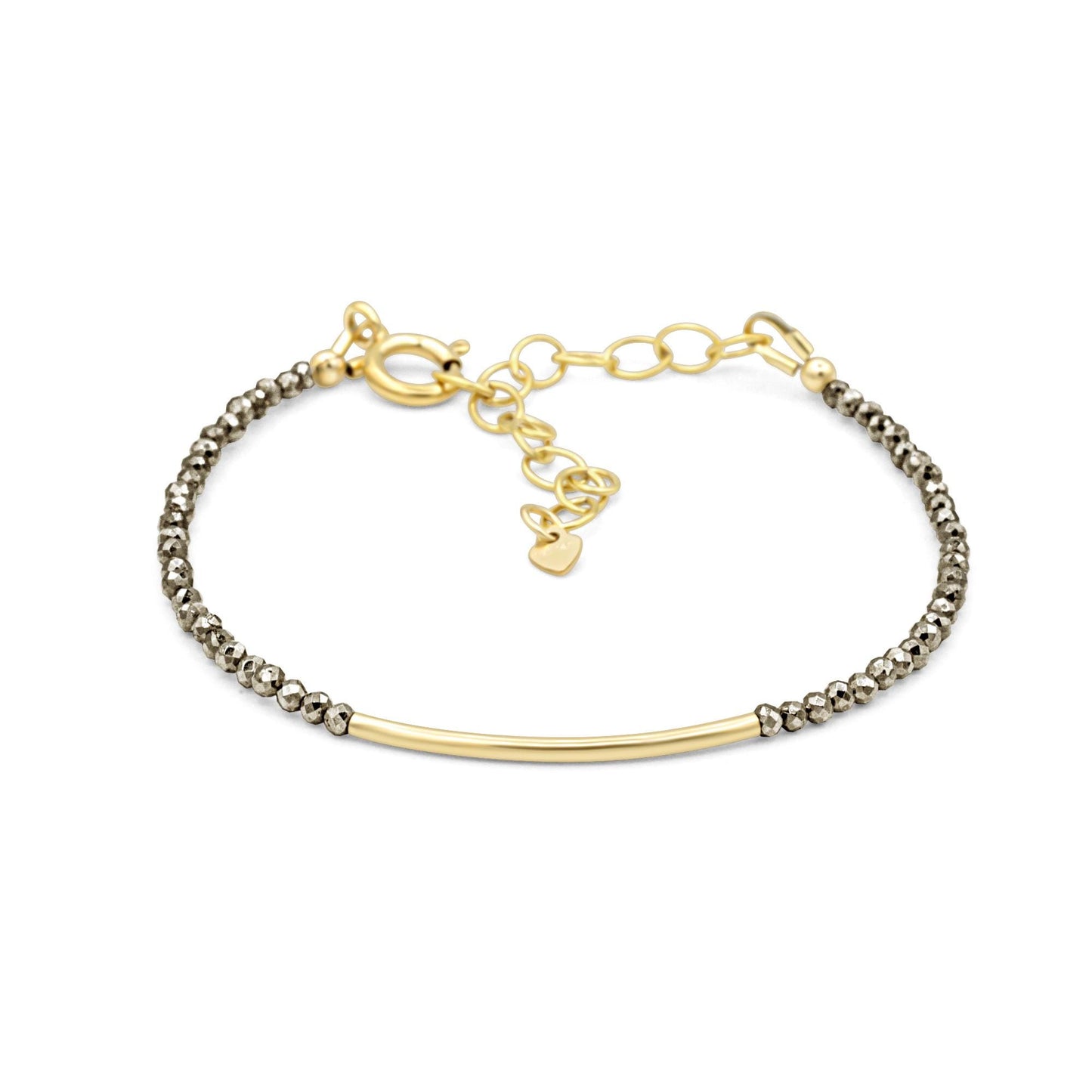 Earthly Abundance pyrite bracelet featuring shiny metallic beads and an adjustable cord on a neutral background.